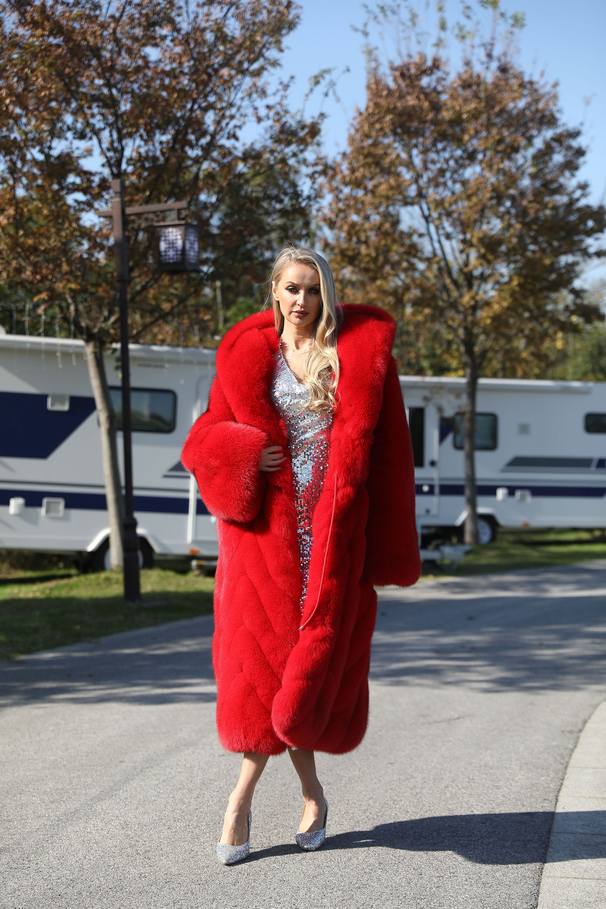 Women's Real Fox Fur Long Coat with Oversized Hood, Diagonal Stripe Panels & Full-Pelt Sleeves
