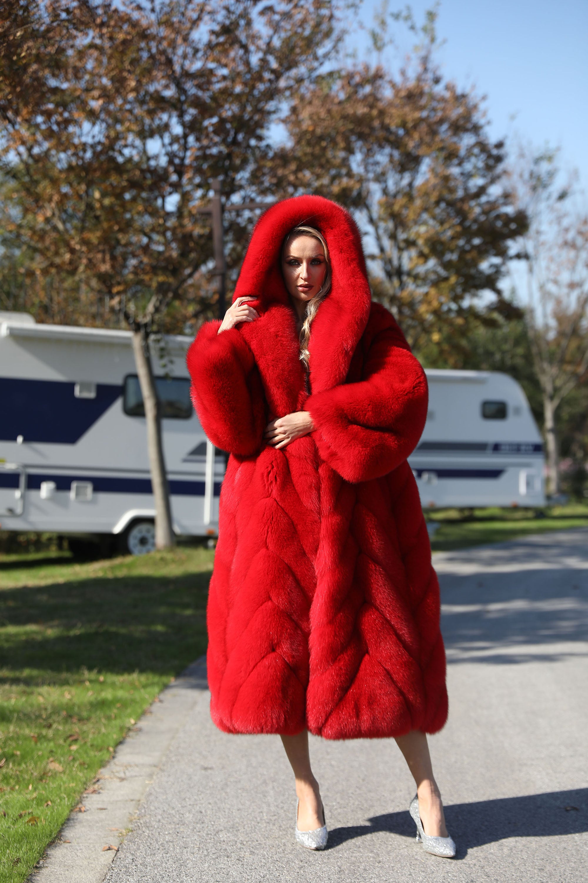 Women's Real Fox Fur Long Coat with Oversized Hood, Diagonal Stripe Panels & Full-Pelt Sleeves