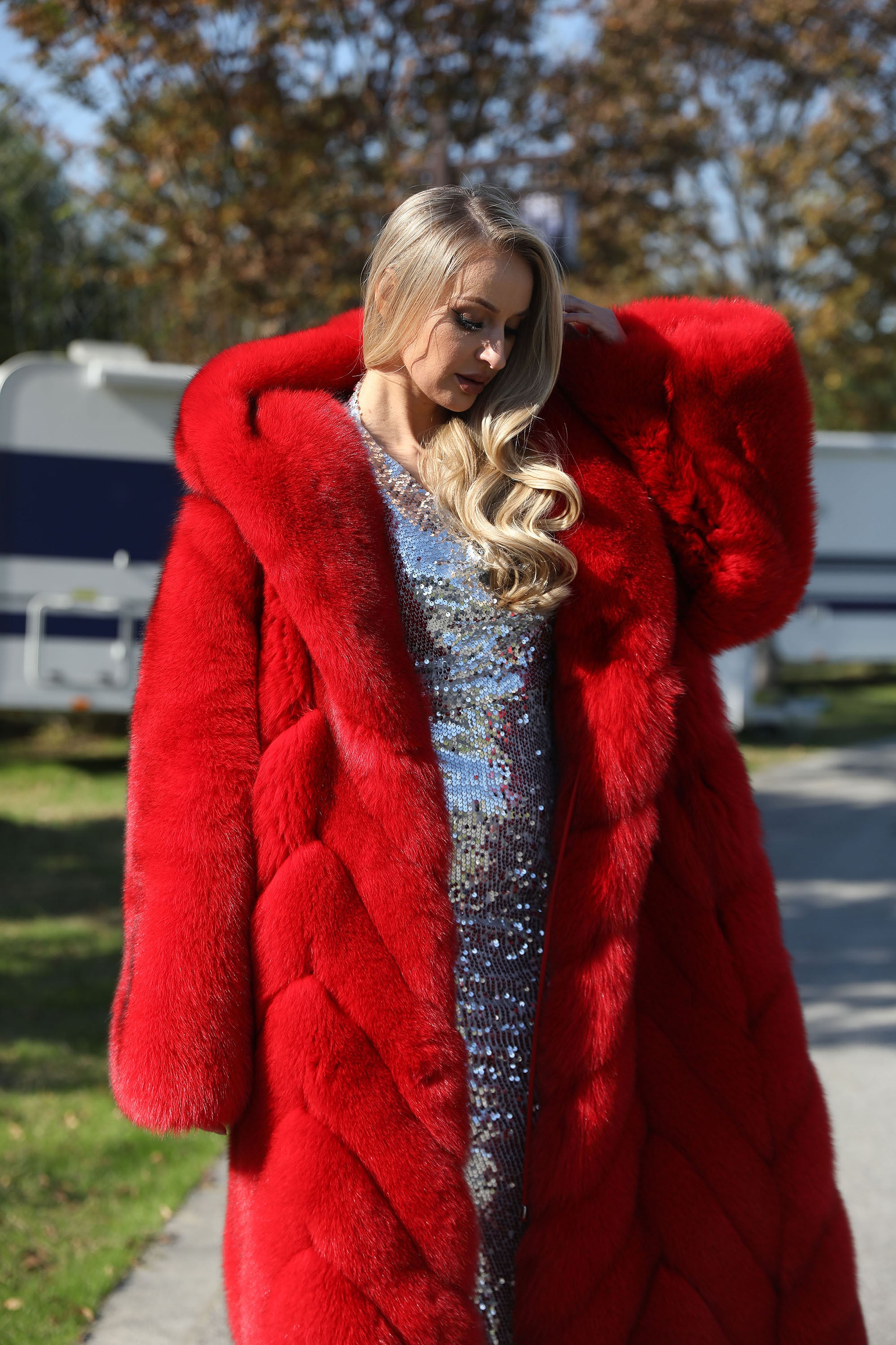 Women's Real Fox Fur Long Coat with Oversized Hood, Diagonal Stripe Panels & Full-Pelt Sleeves