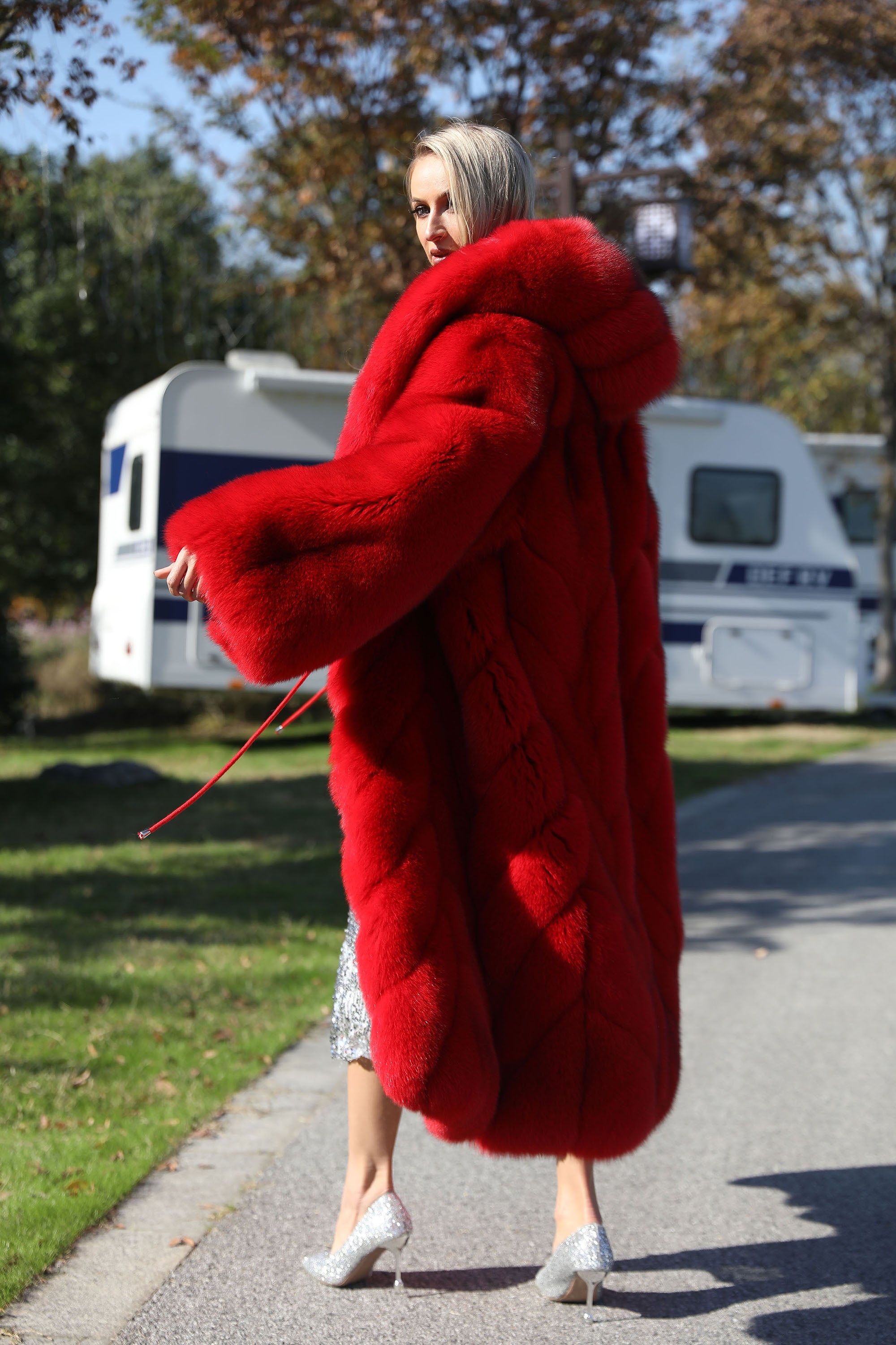 Women's Real Fox Fur Long Coat with Oversized Hood, Diagonal Stripe Panels & Full-Pelt Sleeves