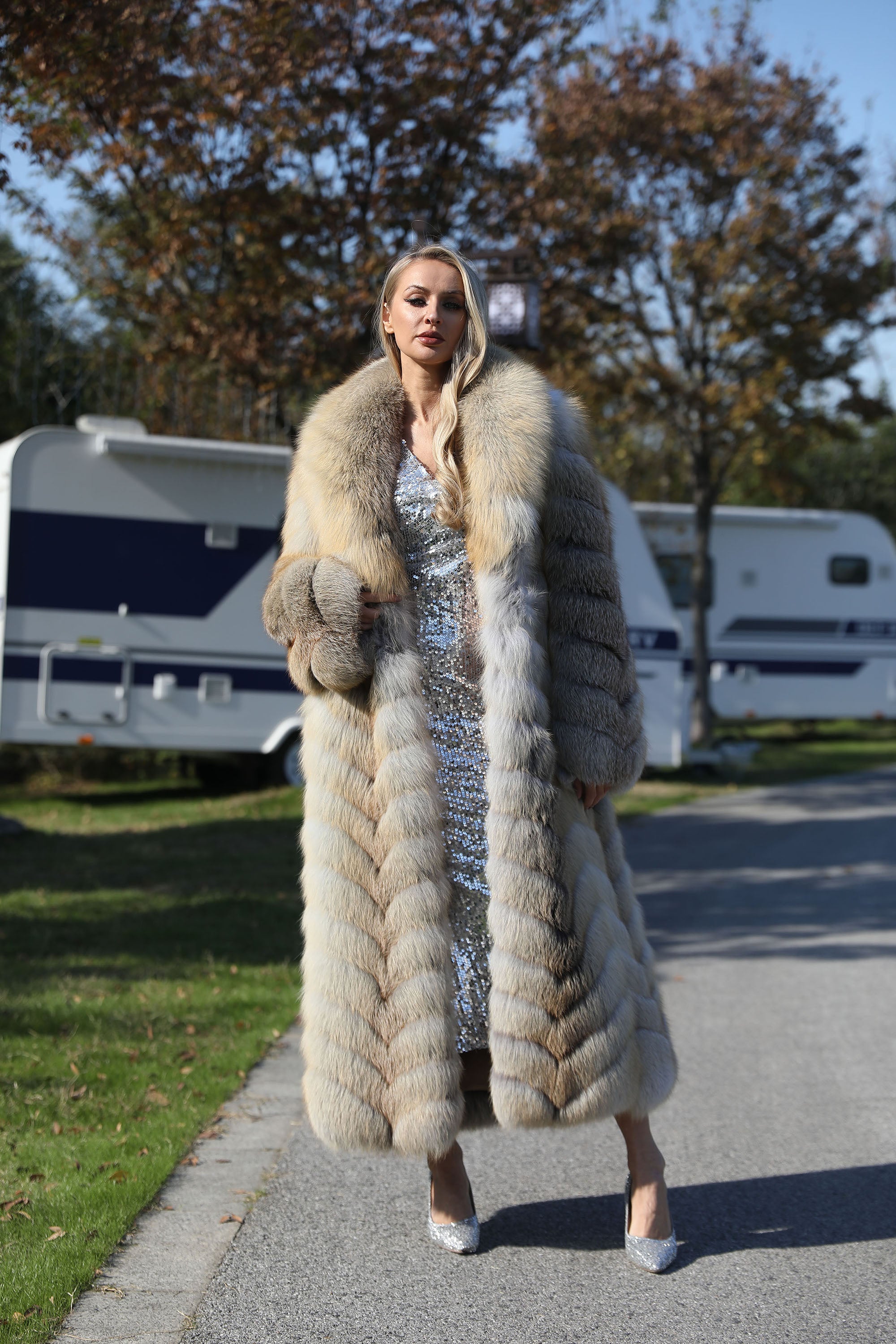 Women's real golden island fox fur long coat - mannequin front view showing oversized shawl collar