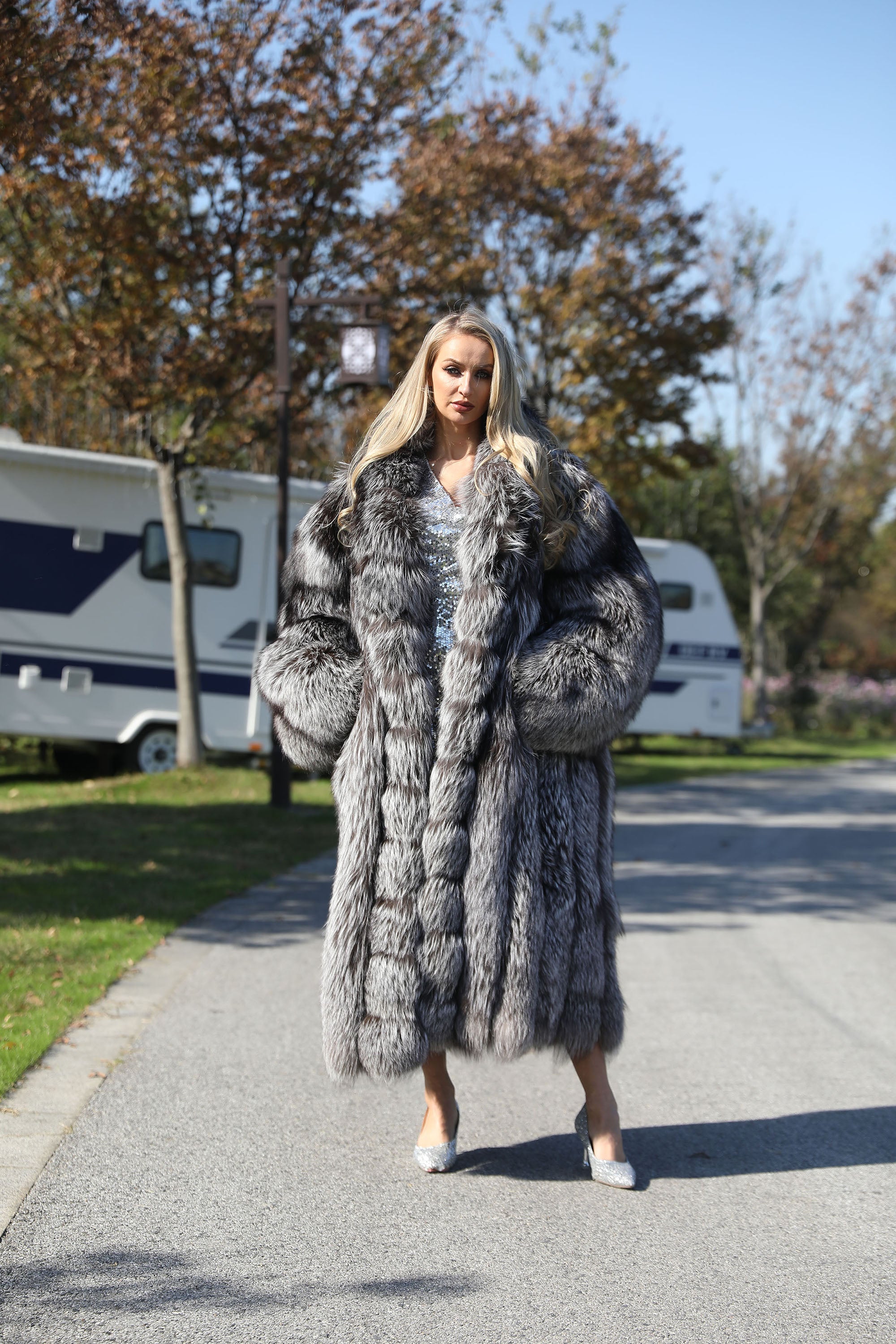 Women's Real Fox Fur Maxi Coat with Lapel Collar & Stacked Fur Placket
