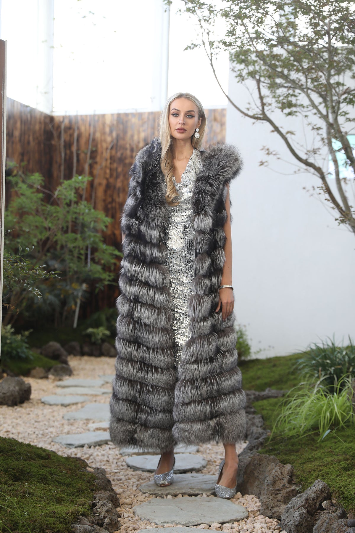 Women's Real Silver Fox Fur Hooded Full-Length Vest - model lifestyle 2