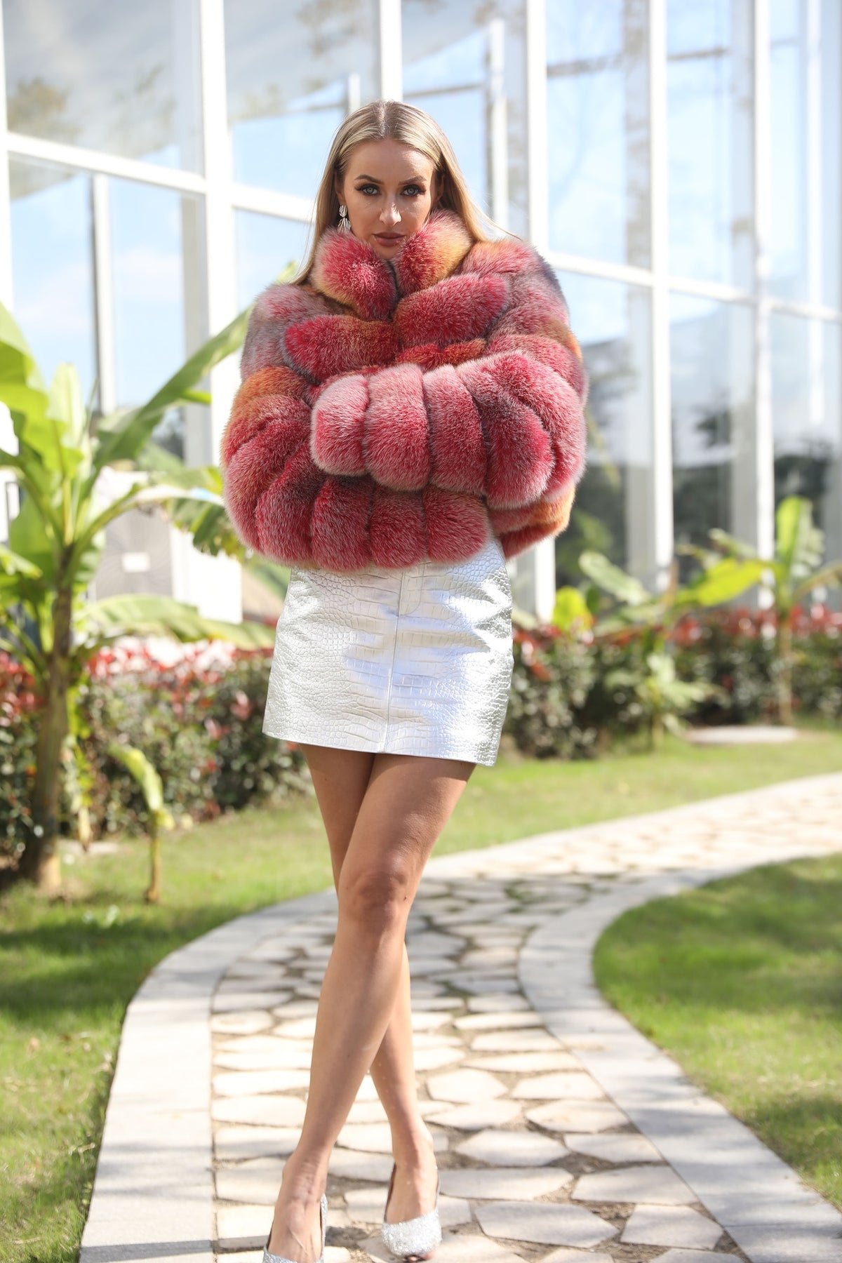 Women's Real Multicolor Fox Fur Cropped Jacket with Stand Collar & Zip Front — Downtown Rhythm