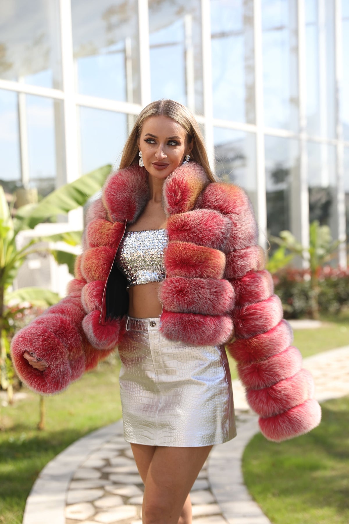 Women's Real Multicolor Fox Fur Cropped Jacket with Stand Collar & Zip Front — Downtown Rhythm