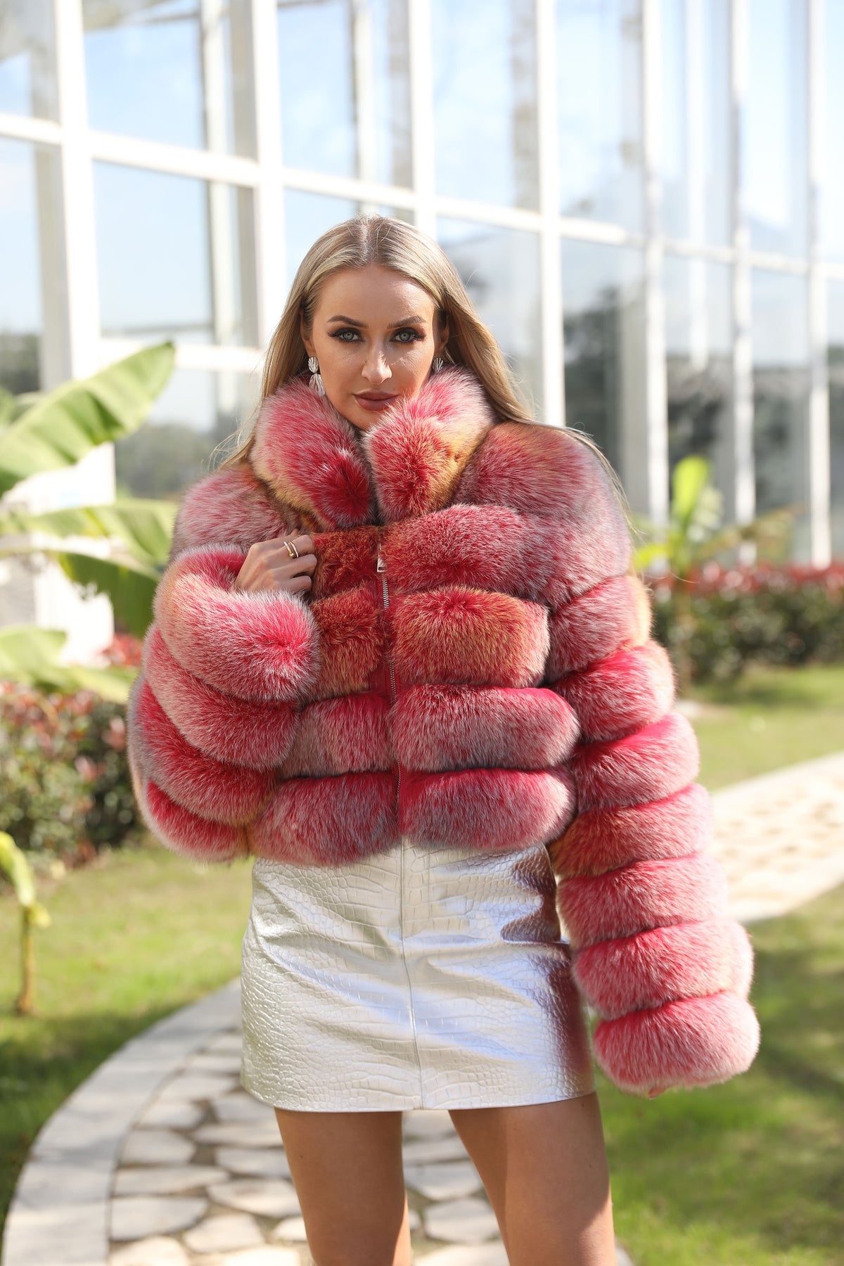 Women's Real Multicolor Fox Fur Cropped Jacket with Stand Collar & Zip Front — Downtown Rhythm