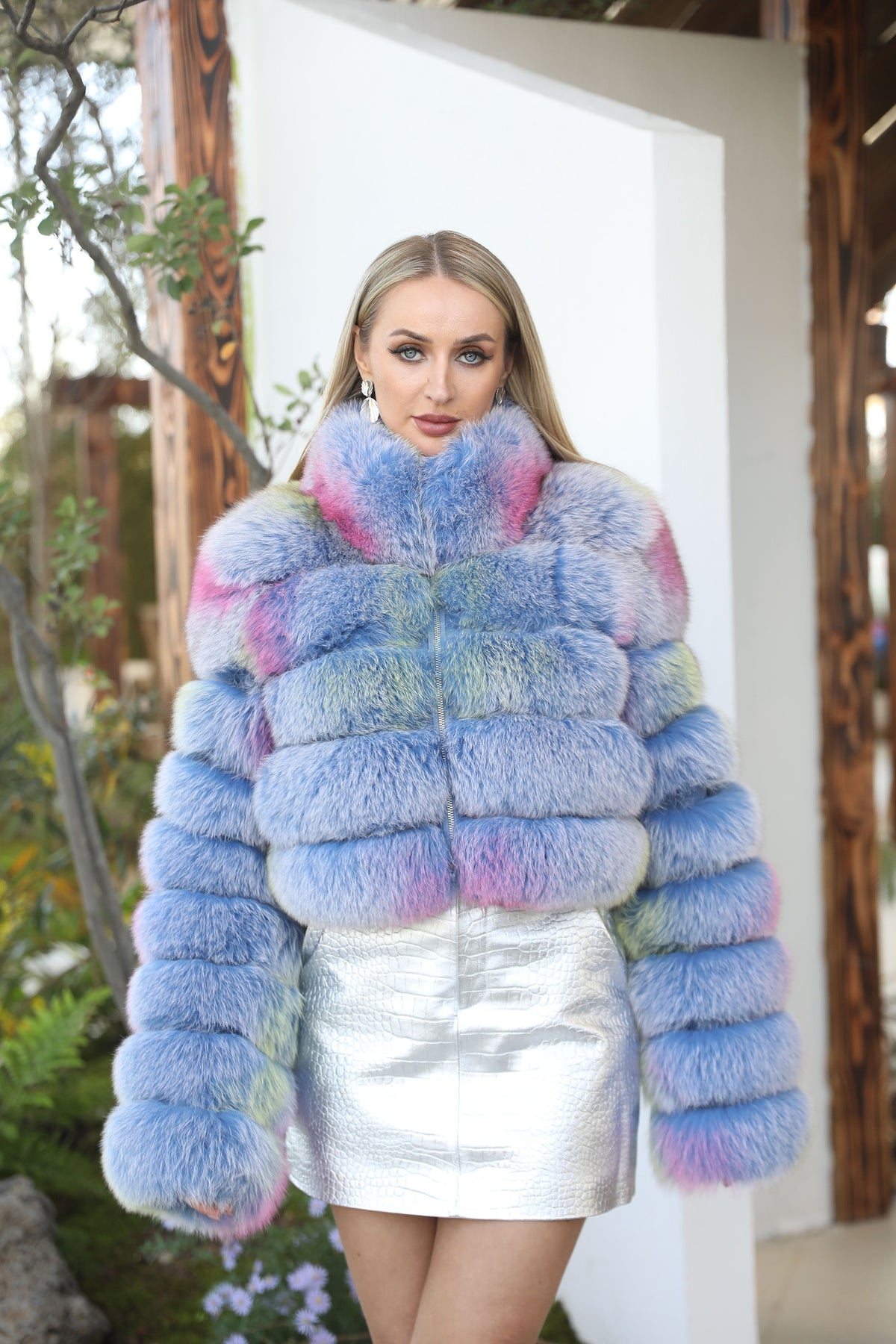 Women's Real Multicolor Fox Fur Cropped Jacket with Stand Collar & Zip Front — Downtown Rhythm