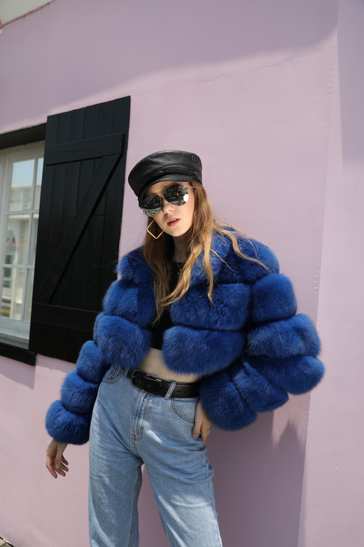 Women's Real Fox Fur Cropped Jacket with Three-Row Panels & Stand Collar — Downtown Rhythm