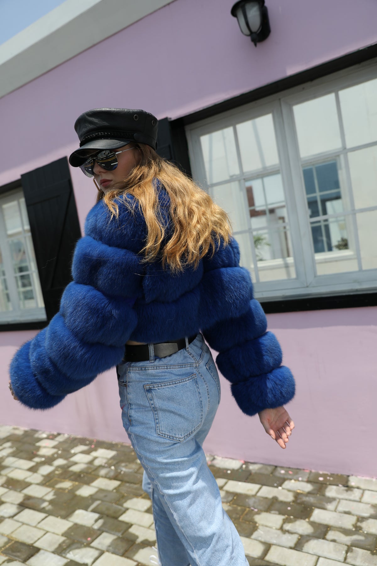 Women's Real Fox Fur Cropped Jacket with Three-Row Panels & Stand Collar — Downtown Rhythm