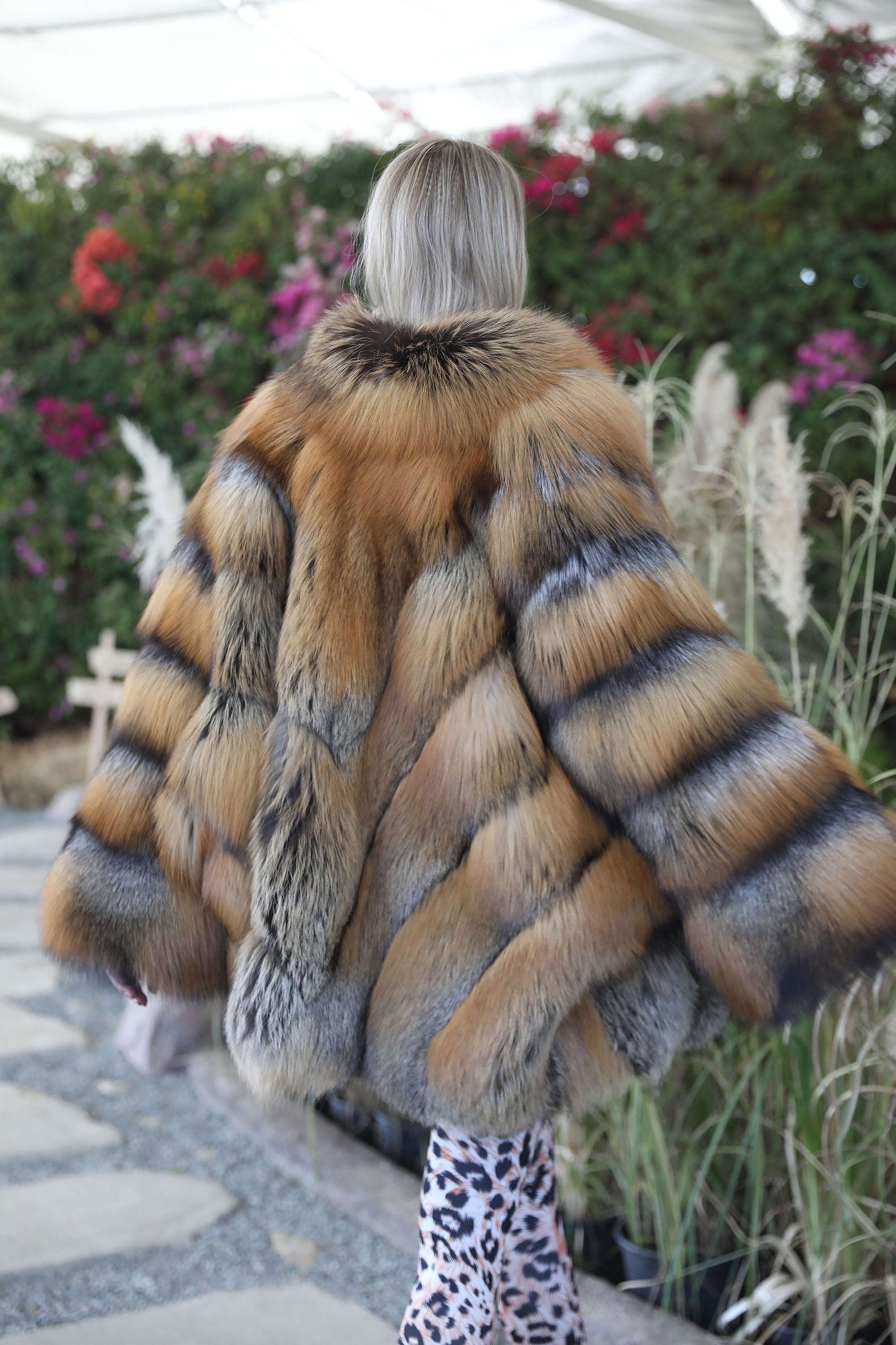 Women's real fox fur cape coat - full length model view