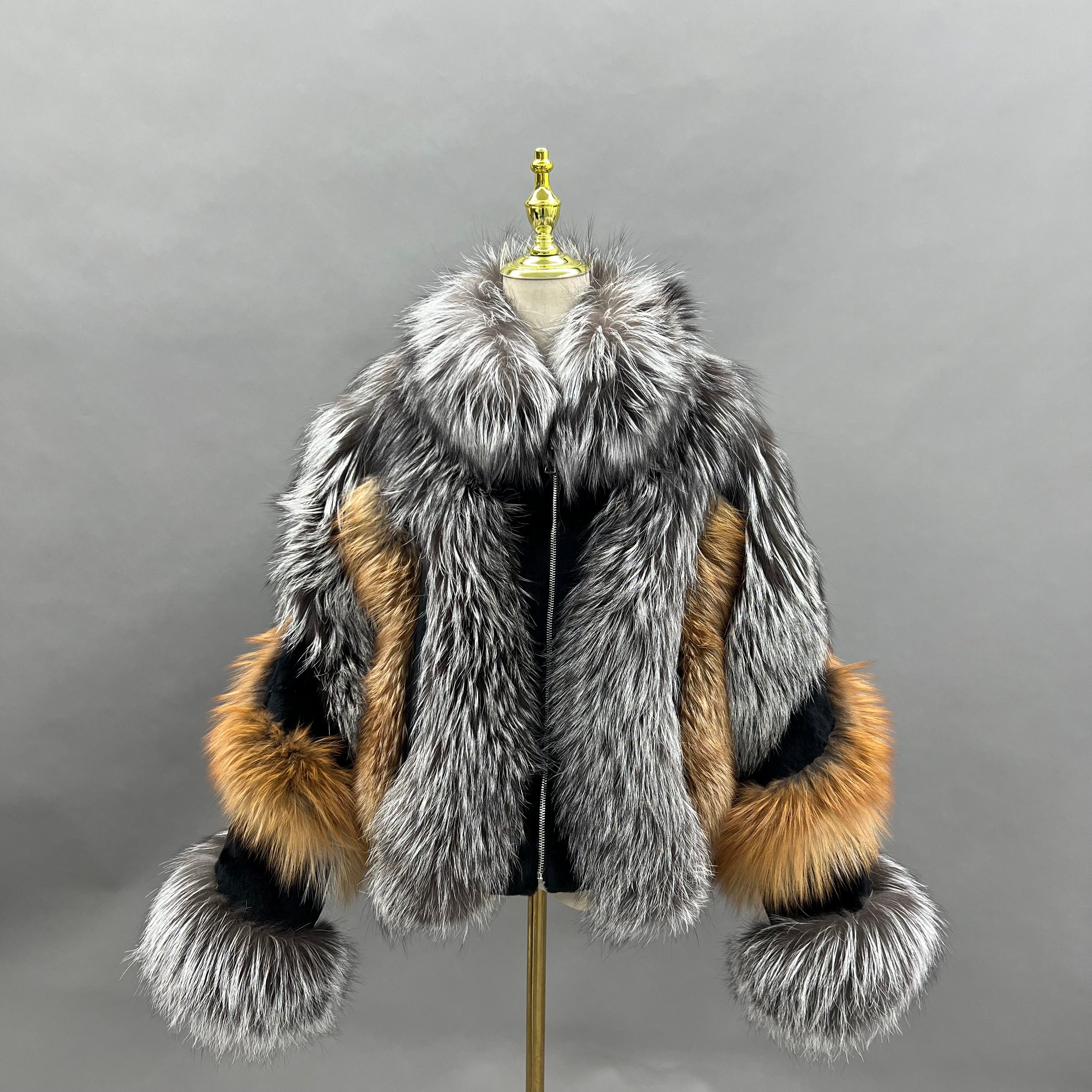 Women's Real Silver Fox and Red Fox Fur Jacket - Two-Tone Luxury Zip-Up Coat