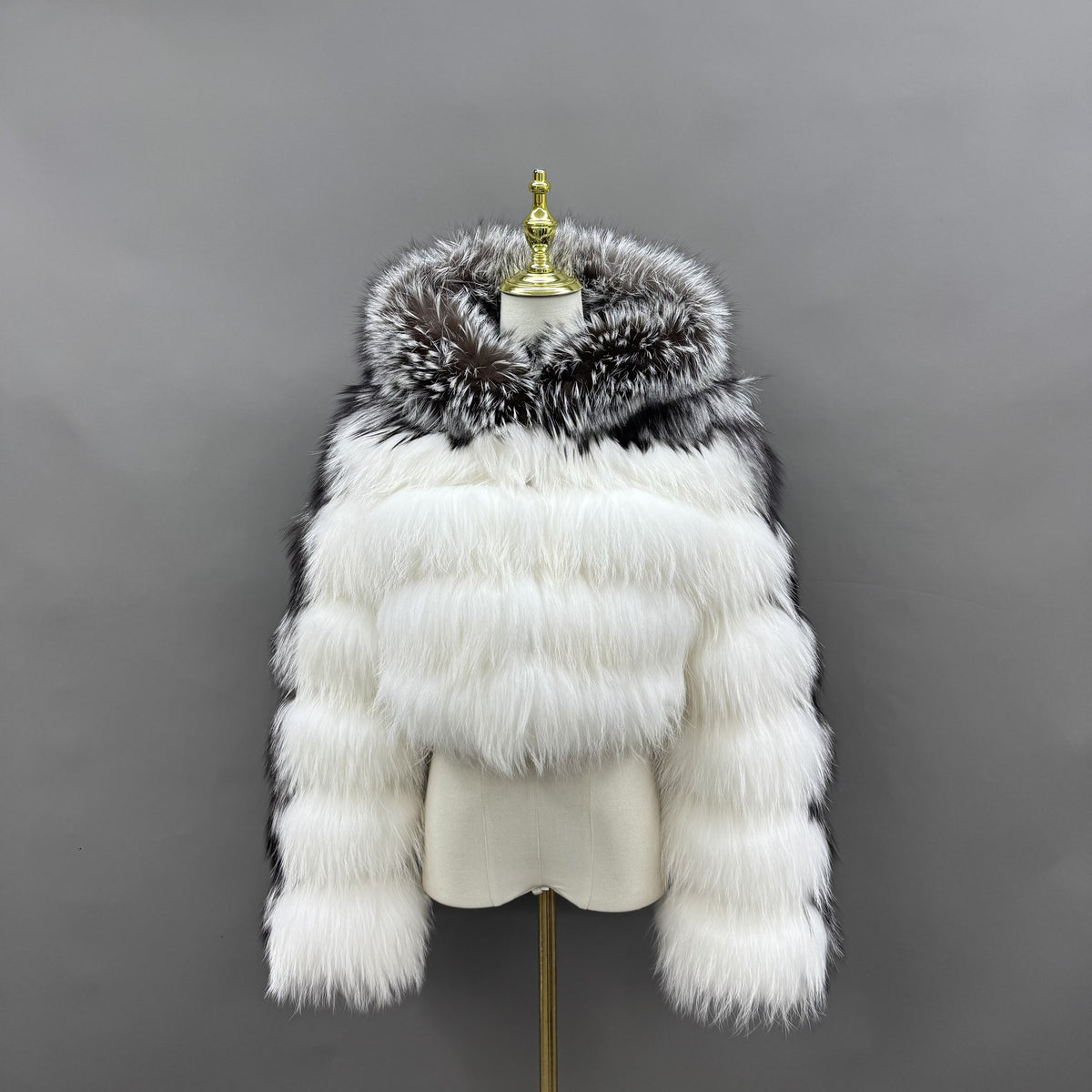 Women's white and silver-black silver fox and raccoon dog fur cropped hooded jacket, front view