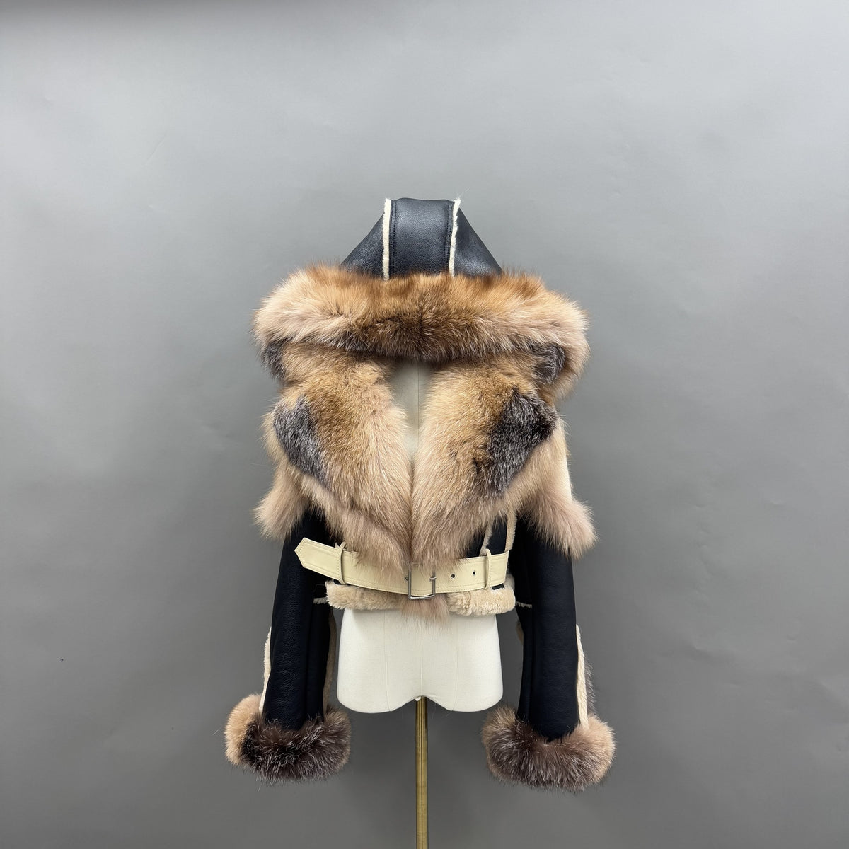 Women's Fox Fur Cropped Doubleface Leather Jacket with Statement Collar