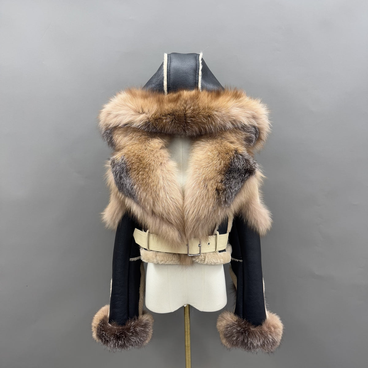 Women's Fox Fur Cropped Doubleface Leather Jacket with Statement Collar