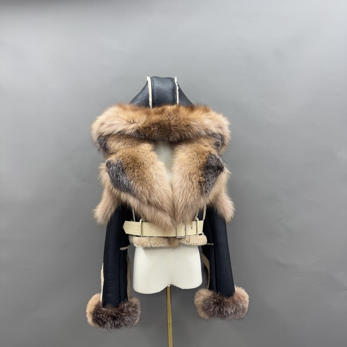 Women's Fox Fur Cropped Doubleface Leather Jacket with Statement Collar