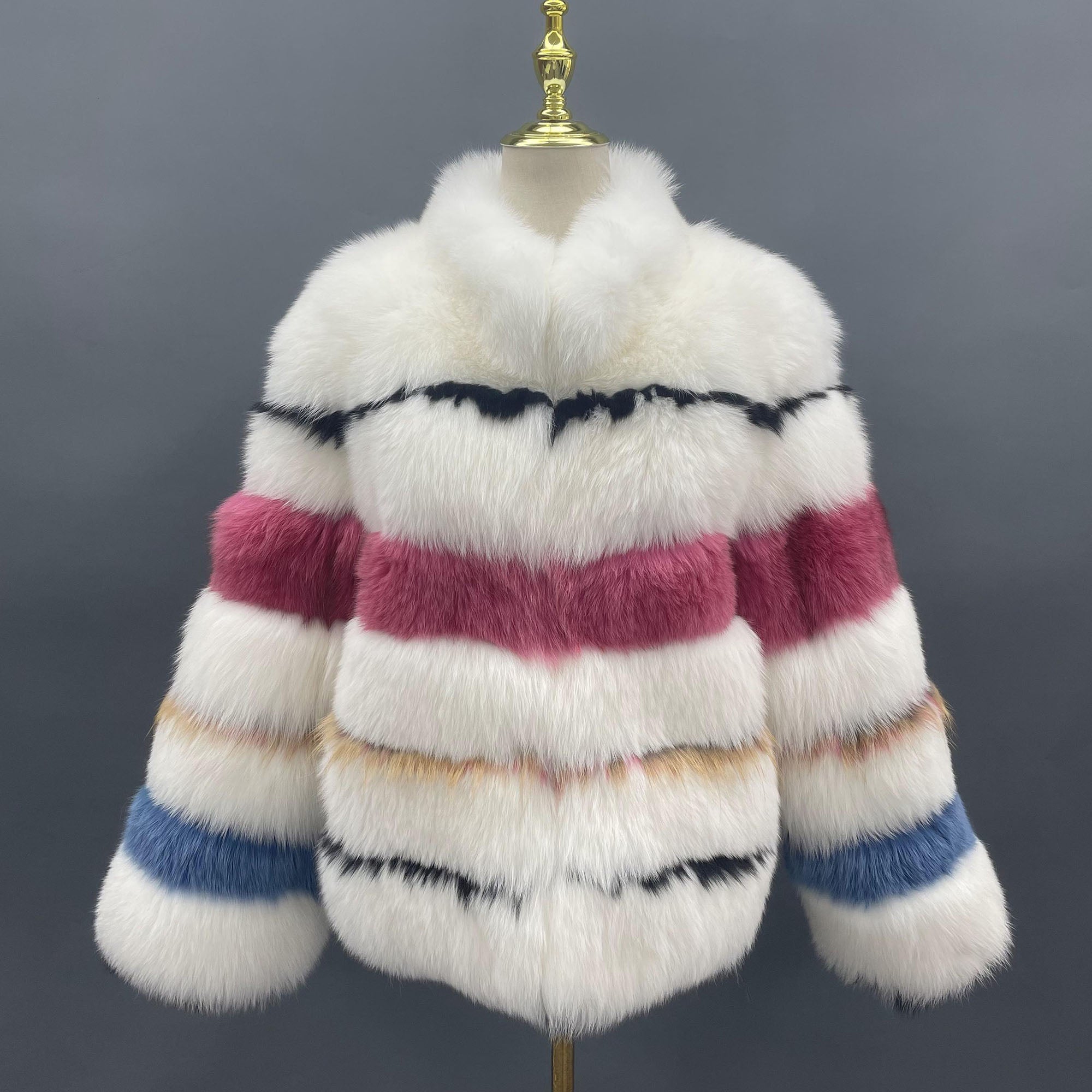 Women's Real Fox Fur Multicolor Patchwork Stand Collar Cropped Jacket - Front View