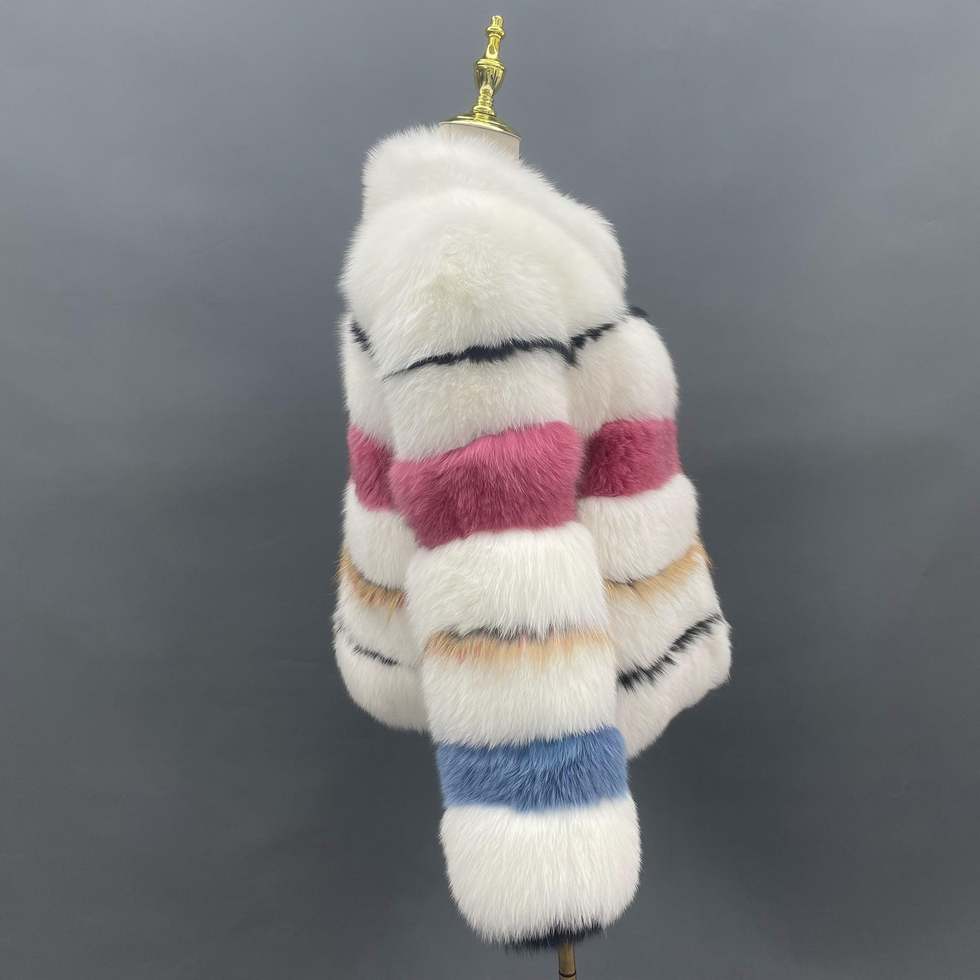 Women's Real Fox Fur Multicolor Patchwork Stand Collar Cropped Jacket - Side View