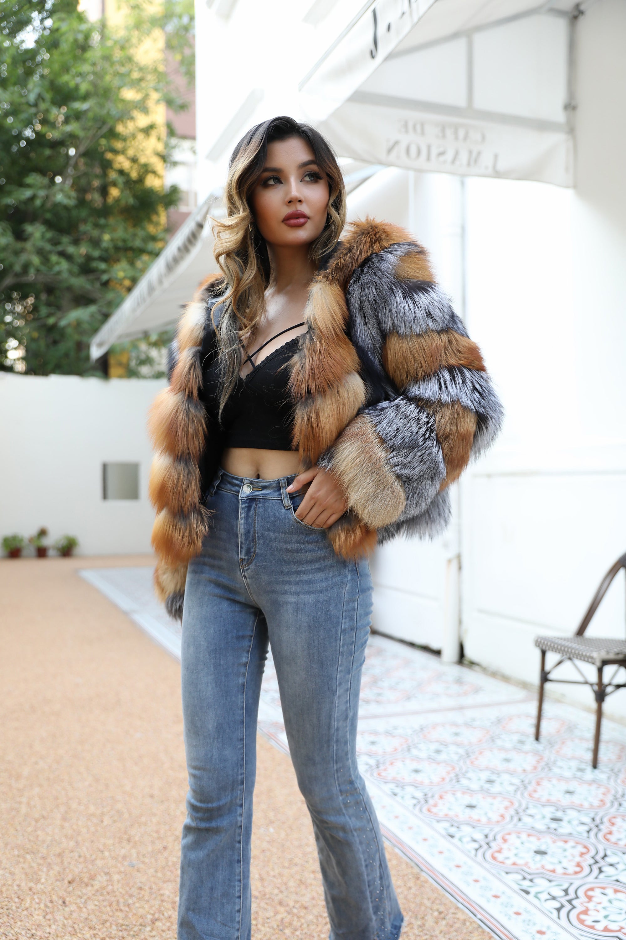 Women's Real Silver Fox & Red Fox Fur Hooded Jacket | Luxury Two-Tone Coat