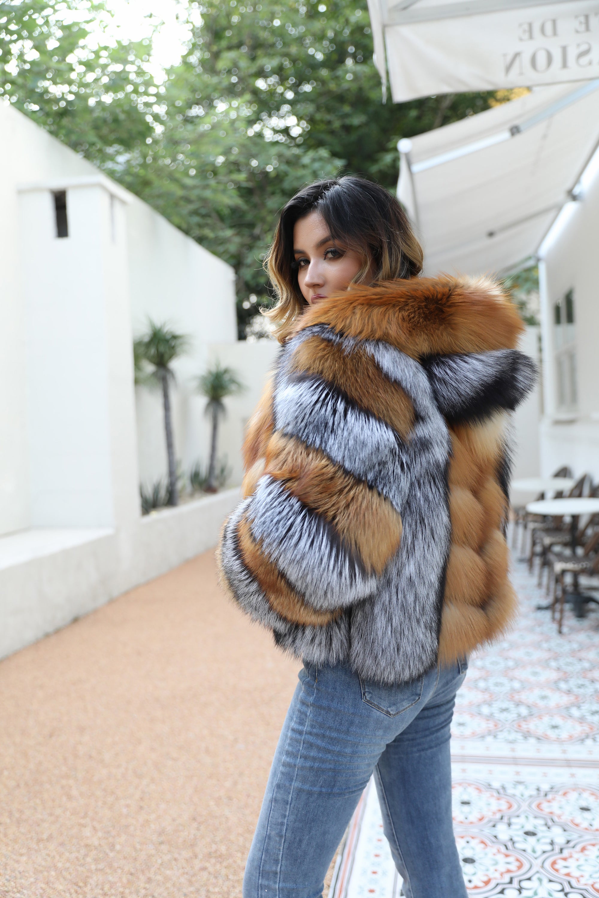 Women's Real Silver Fox & Red Fox Fur Hooded Jacket | Luxury Two-Tone Coat