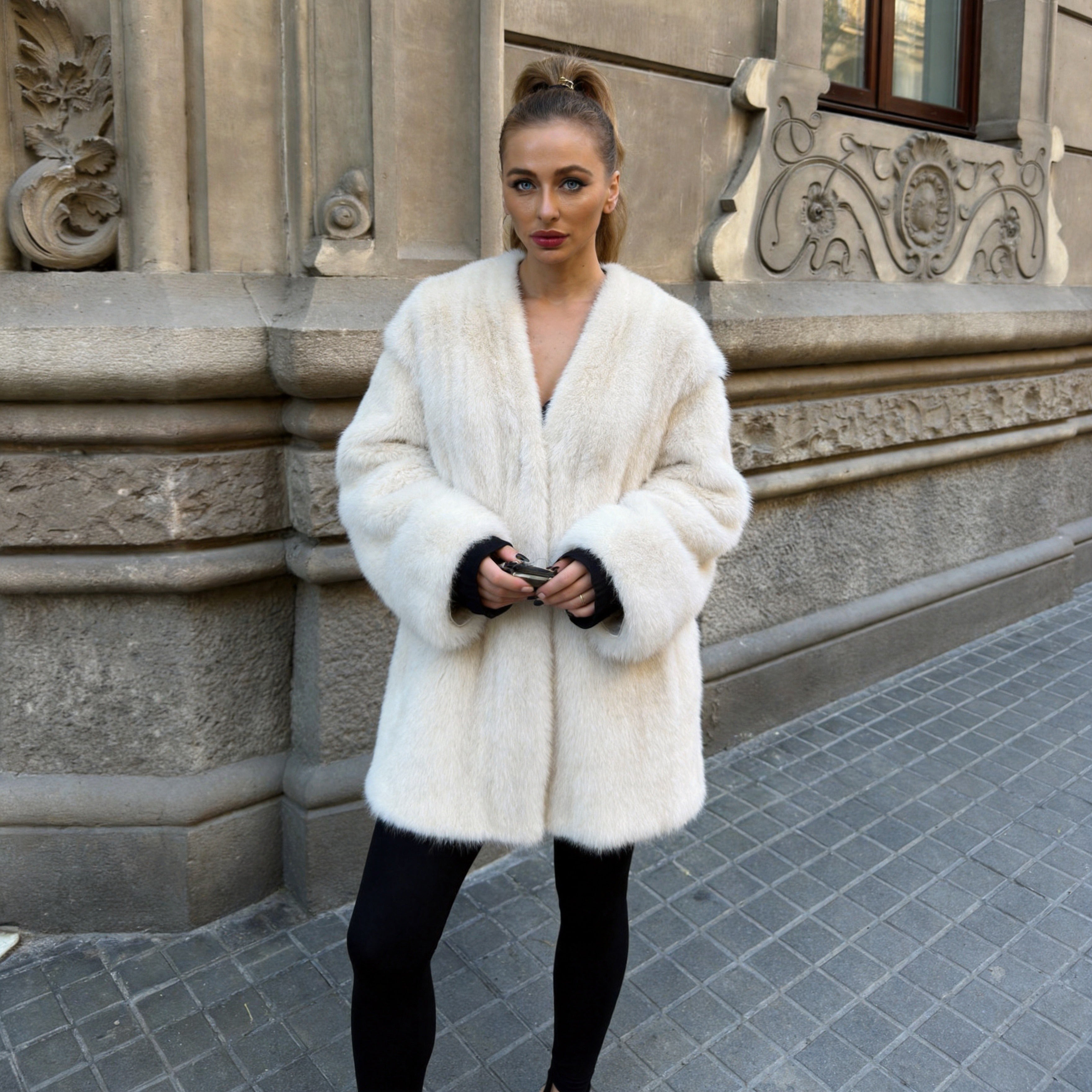 Women's Real Mink Fur V-Neck Vertical Stripe Hip-Length Coat — The Archive