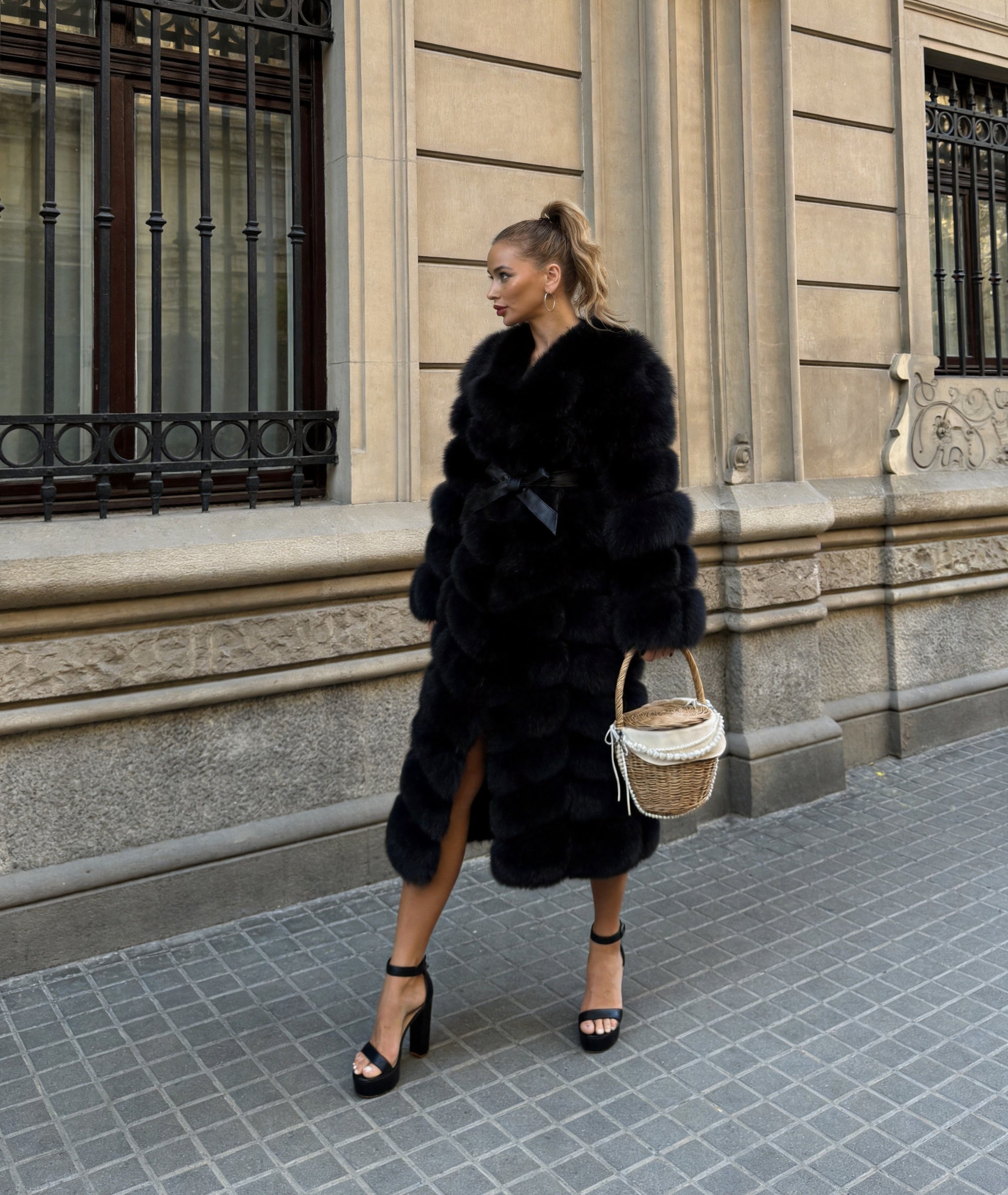Women's Real Fox Fur 12-Section Maxi Coat | V-Neckline with Leather Belt — The Entrance