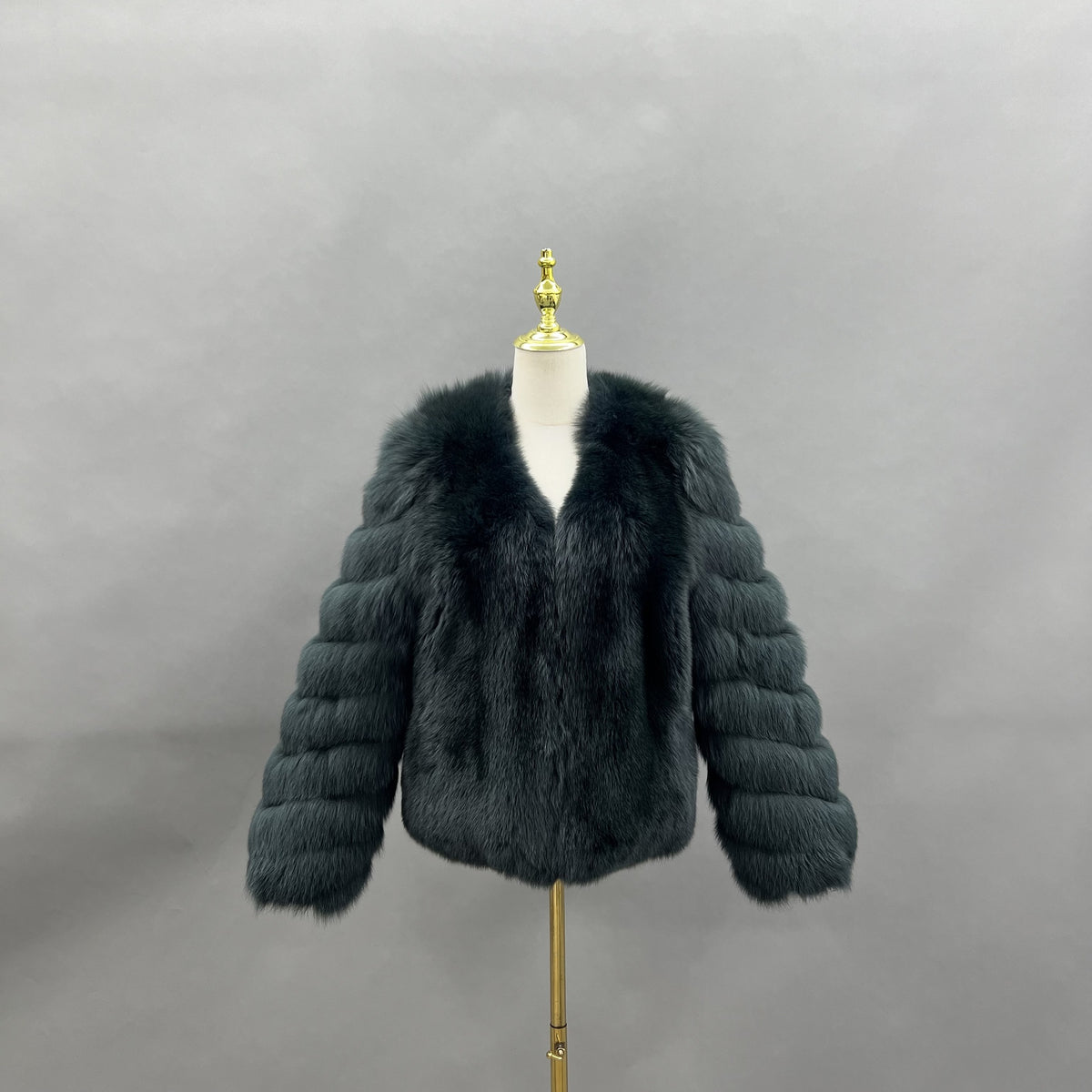 Red real fox fur V-neck jacket with smooth-looking body and segmented long sleeves