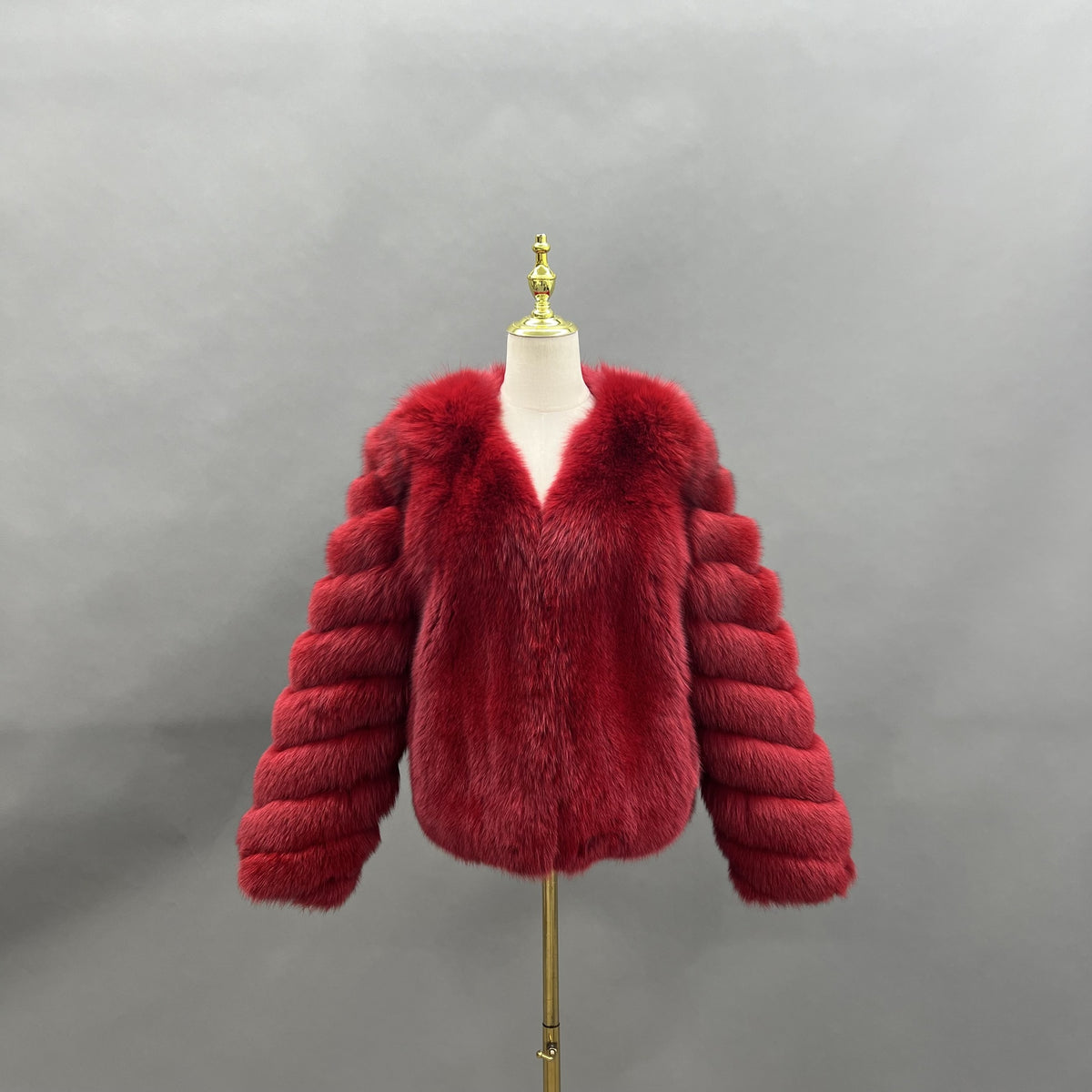 Black real fox fur short V-neck jacket with banded long sleeves