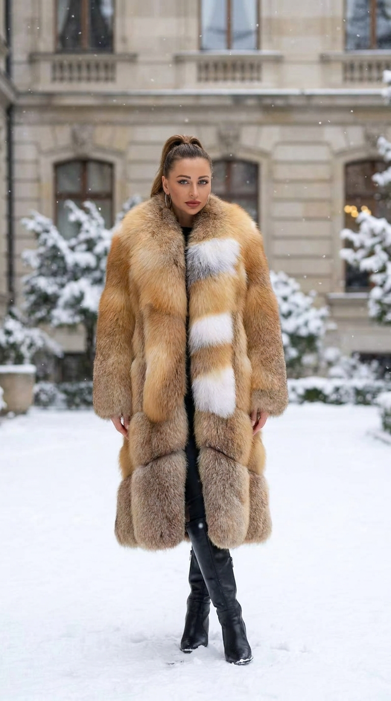Women's Real Fox Fur Long Coat | Golden Island, Arctic Marble & Blue Fox