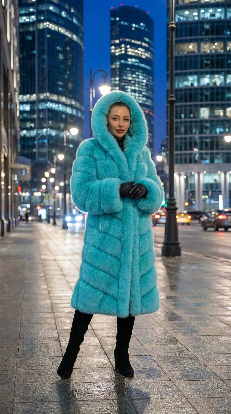 Women's Dyed Fox Fur Hooded Long Coat with Horizontal Stripe Panels — Downtown Rhythm