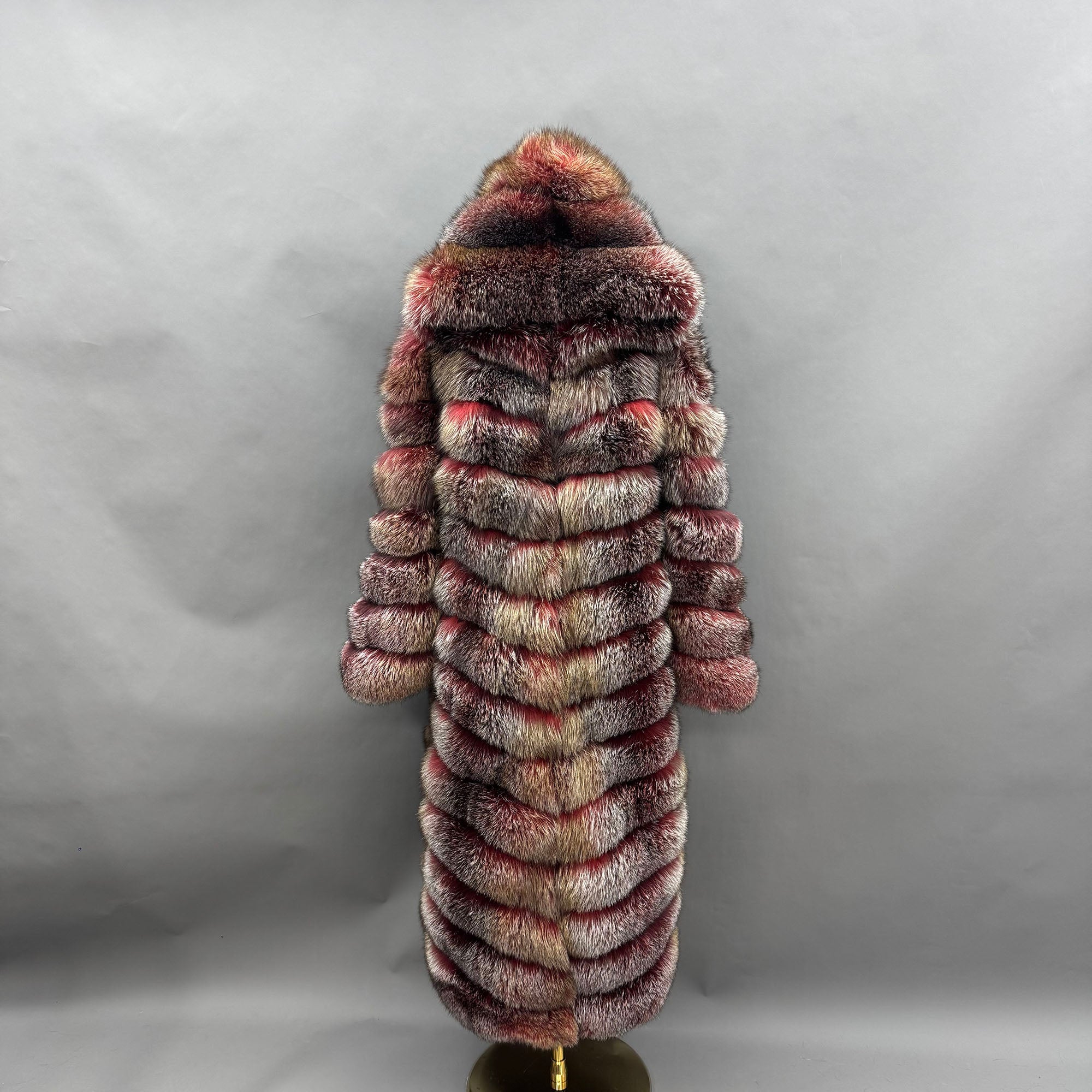 Women's Real Fox Fur Hooded Floor-Length Coat | Horizontal Stripe | Multiple Fur Types — Front Row Couture