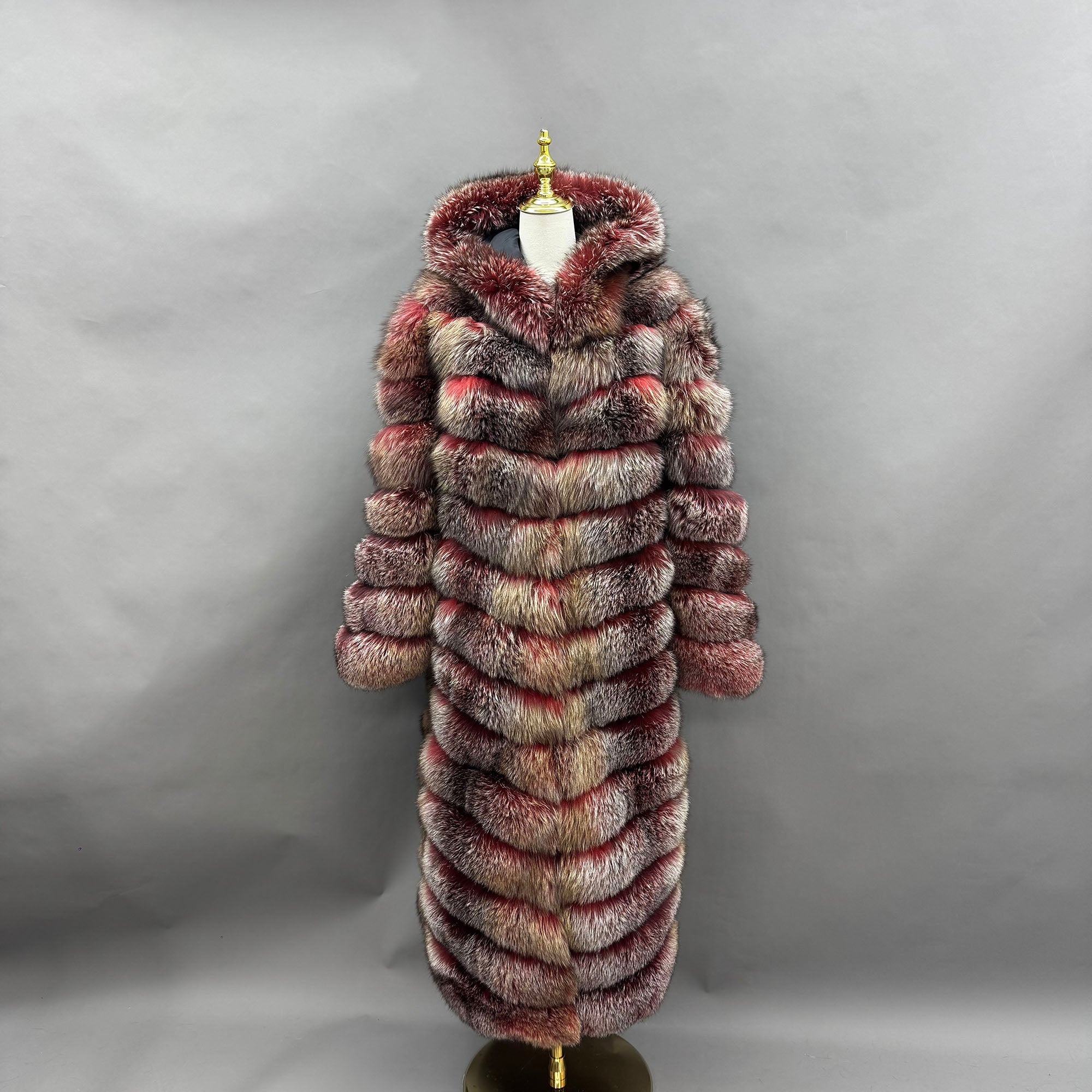 Women's Real Fox Fur Hooded Floor-Length Coat | Horizontal Stripe | Multiple Fur Types — Front Row Couture