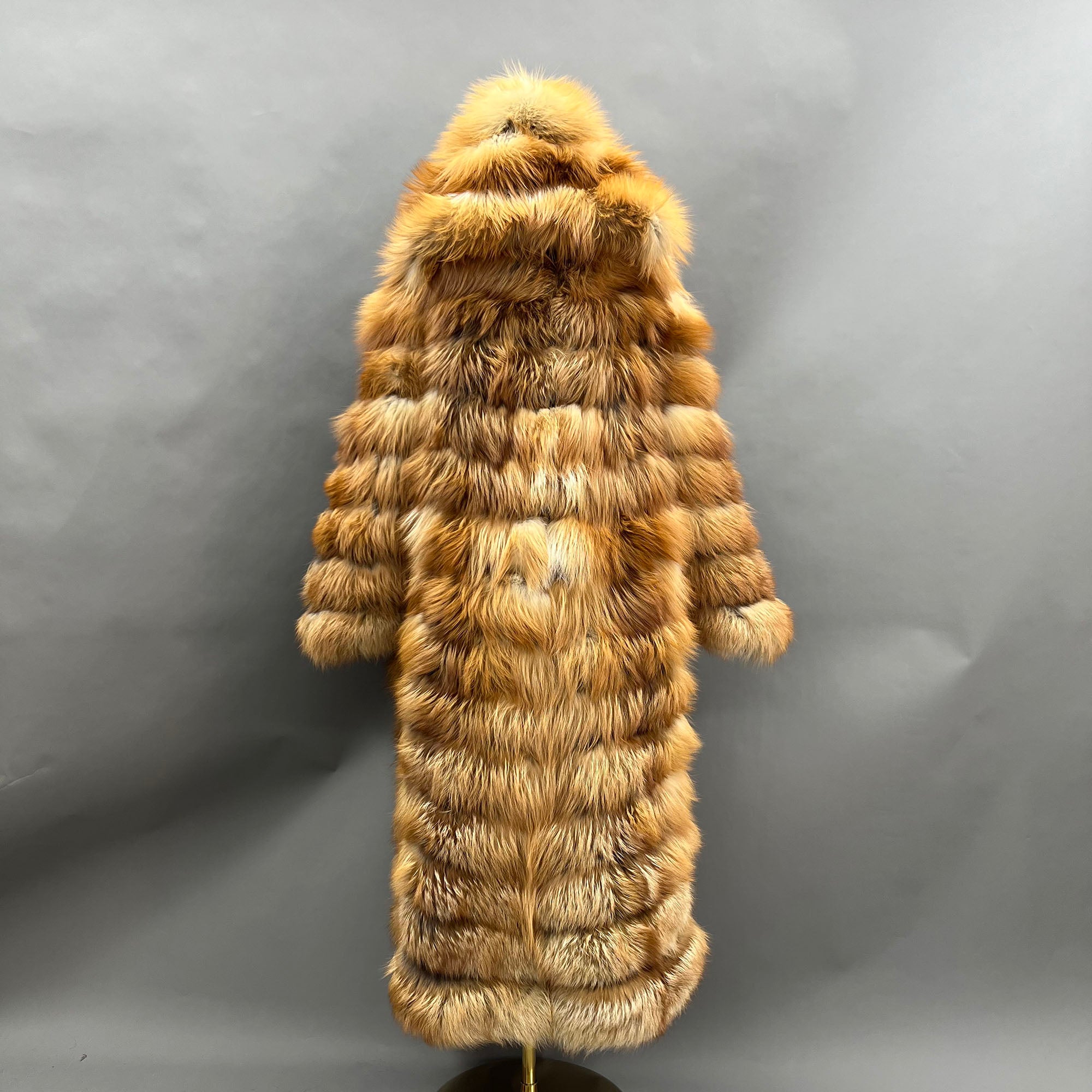 Women's Real Fox Fur Hooded Floor-Length Coat | Horizontal Stripe | Multiple Fur Types — Front Row Couture
