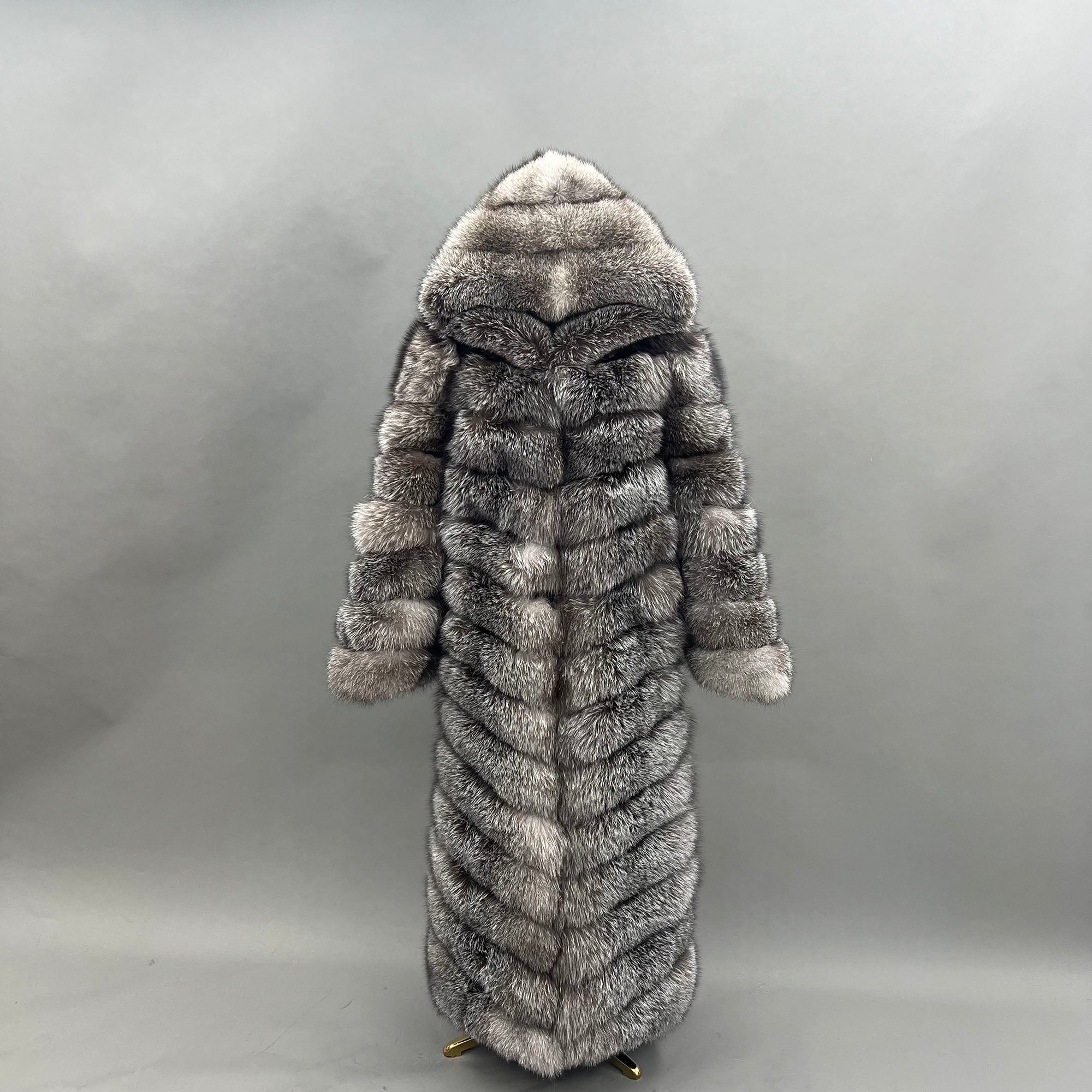 Women's Real Fox Fur Hooded Floor-Length Coat | Horizontal Stripe | Multiple Fur Types — Front Row Couture