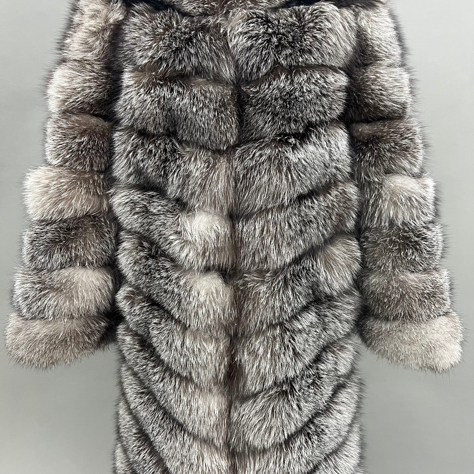 Women's Real Fox Fur Hooded Floor-Length Coat | Horizontal Stripe | Multiple Fur Types — Front Row Couture