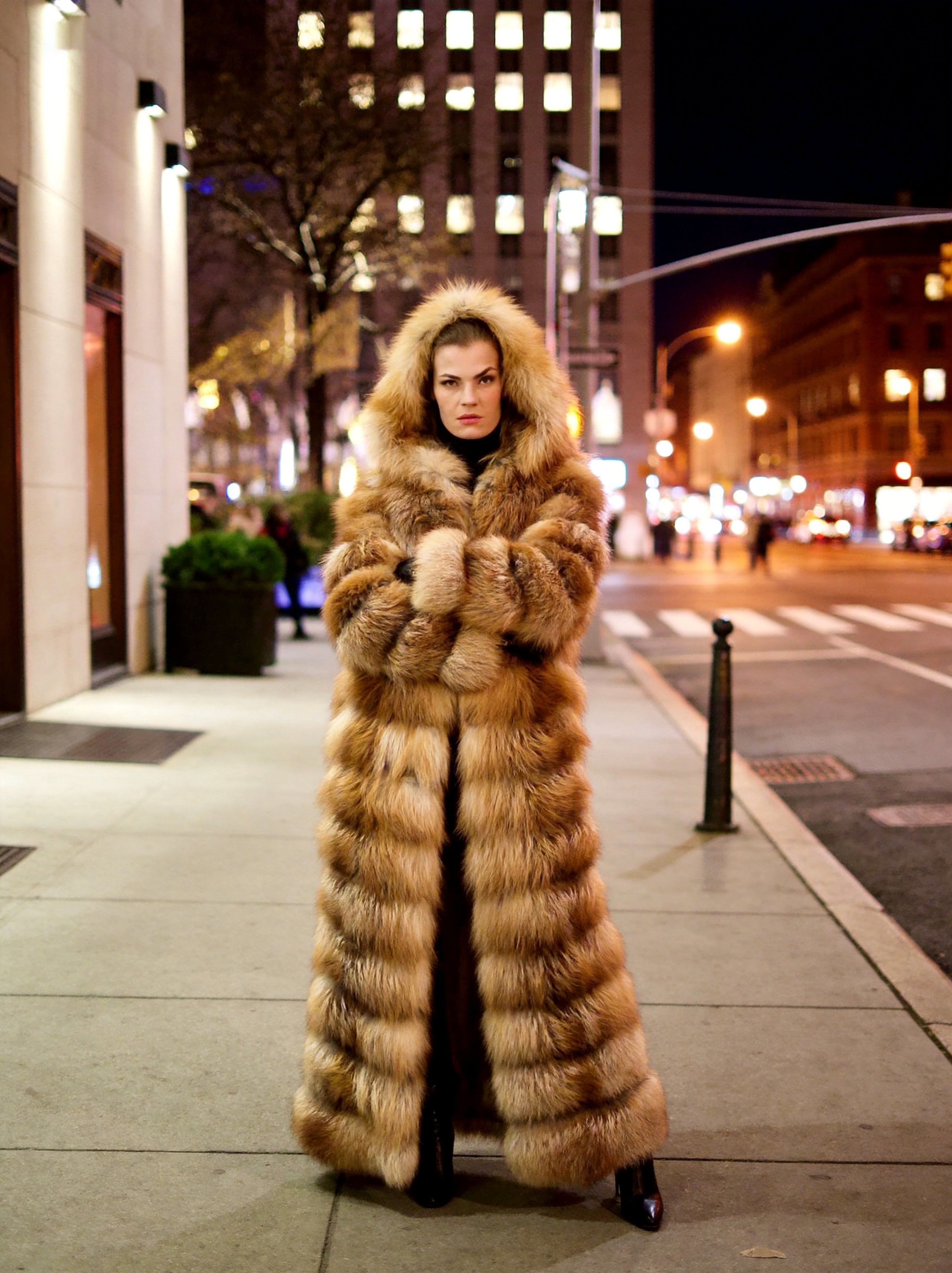 Women's Real Fox Fur Hooded Floor-Length Coat | Horizontal Stripe | Multiple Fur Types — Front Row Couture