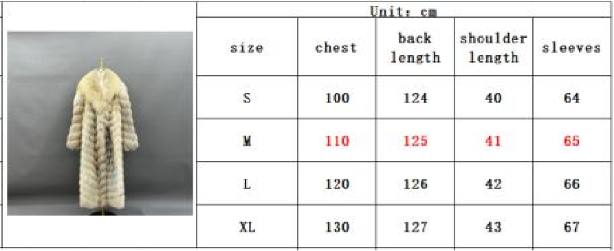 Women's real golden island fox fur long coat - size guide chart S M L XL