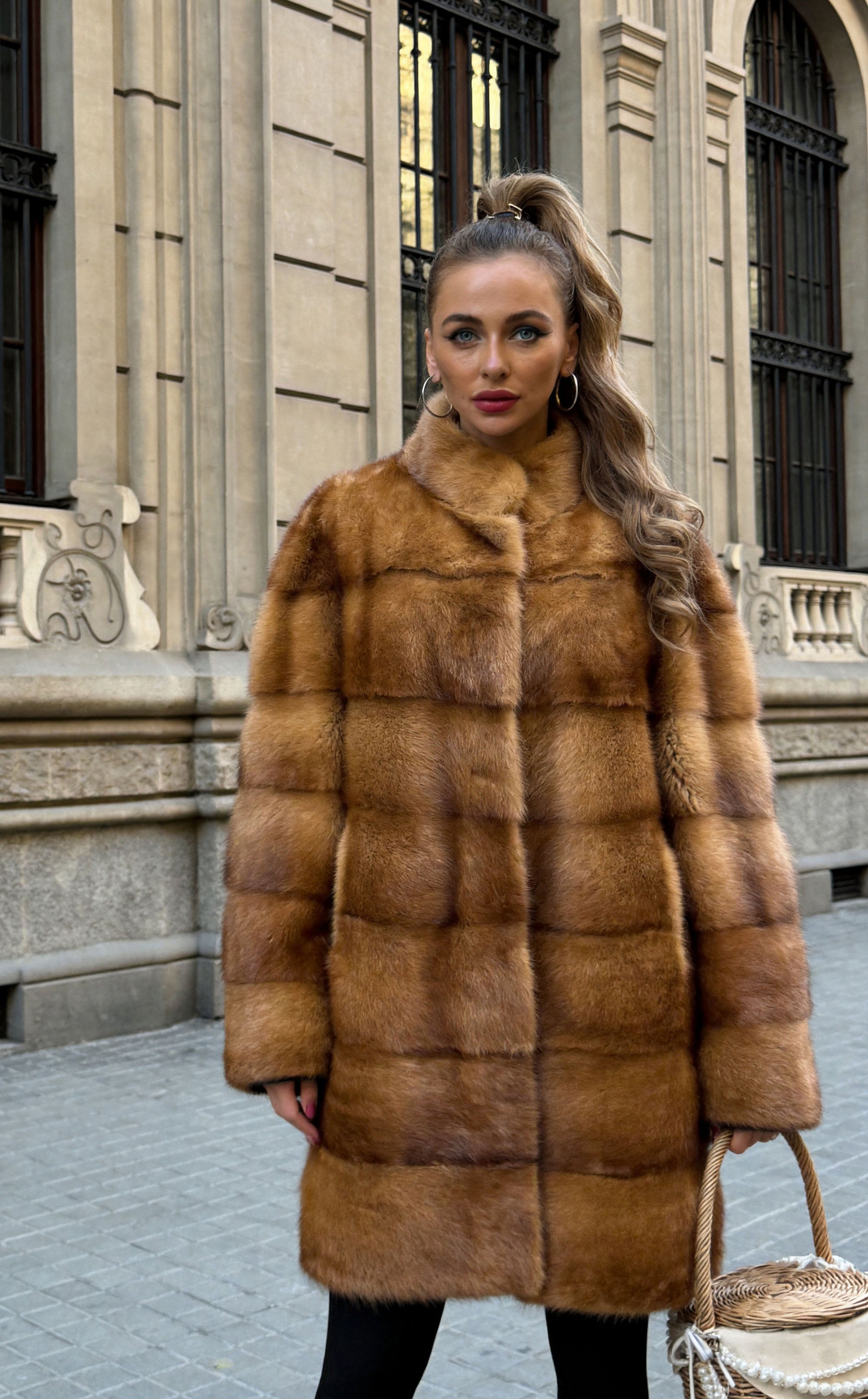 Women's Real Mink Fur Horizontal Stripe Below-the-Knee Coat — The Archive