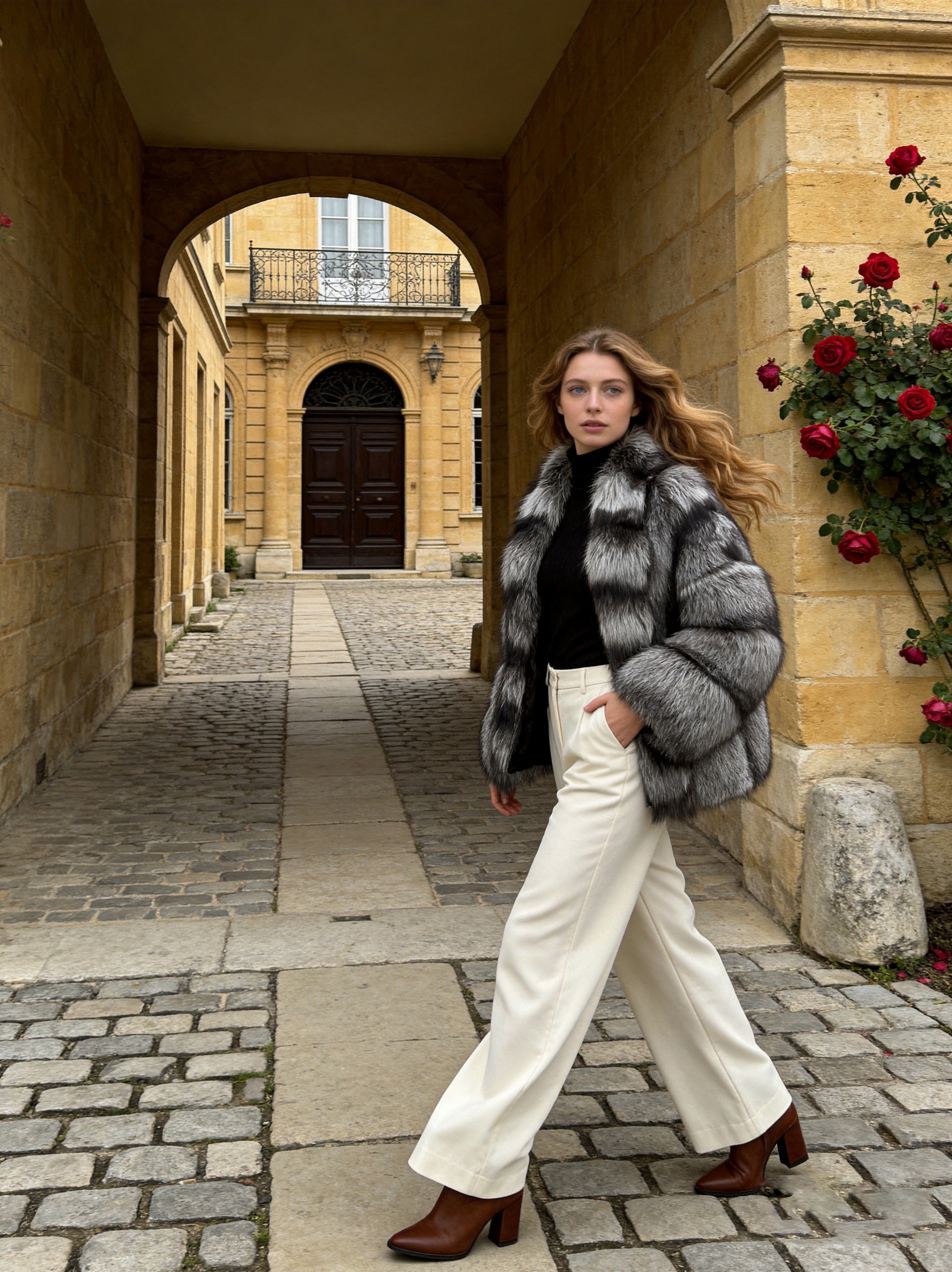 Women's Big Fur Collar Silver Fox Fur Oversized Cape Jacket with Belted Waist & Oversized Lapel — Alpine Fur Collection