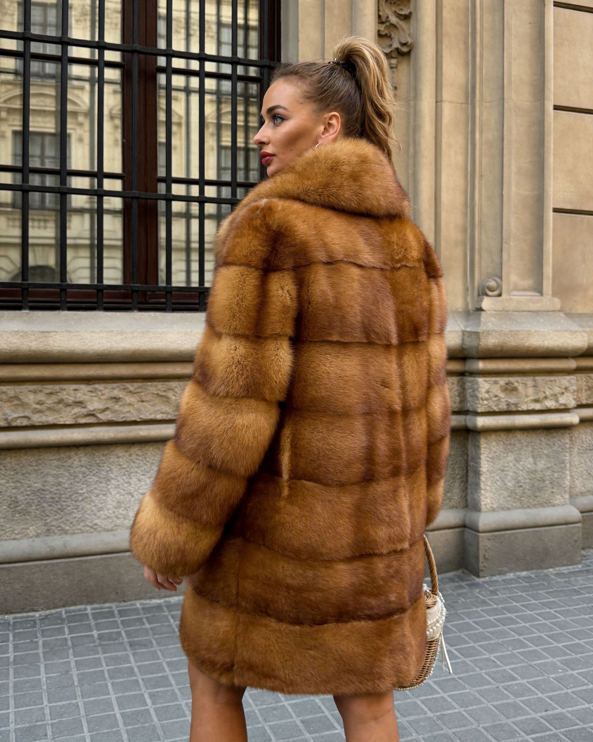Women's Real Mink Fur Horizontal Stripe Below-the-Knee Coat — The Archive