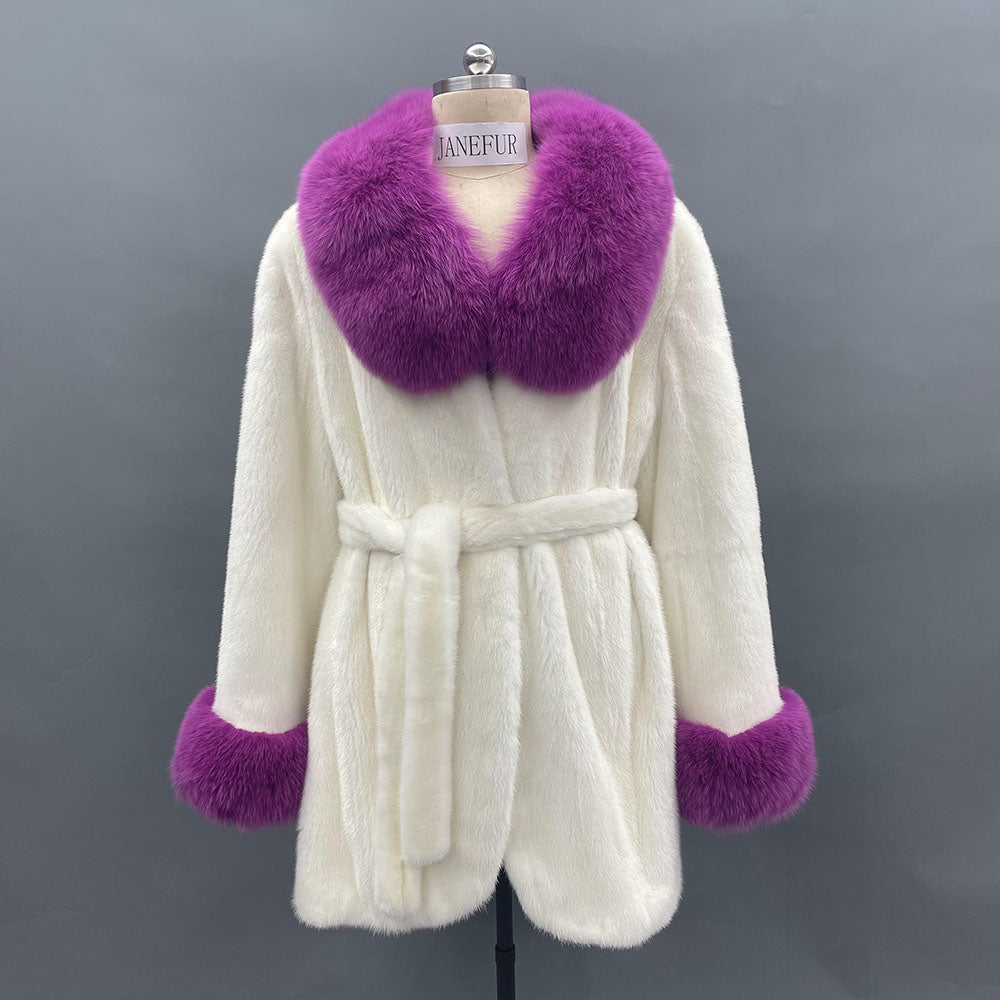 Women's Real Mink Fur Notch-Collar Hip-Length Coat with Fox Fur Trim & Belt