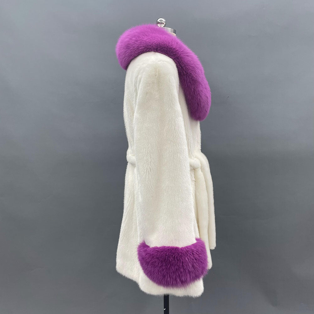 Women's Real Mink Fur Notch-Collar Hip-Length Coat with Fox Fur Trim & Belt