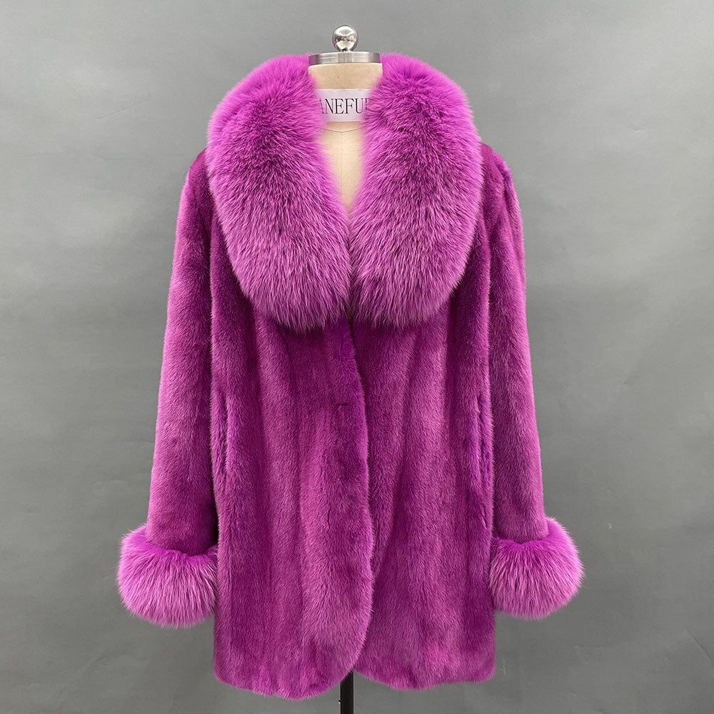 Women's Real Mink Fur Notch-Collar Hip-Length Coat with Fox Fur Trim & Belt