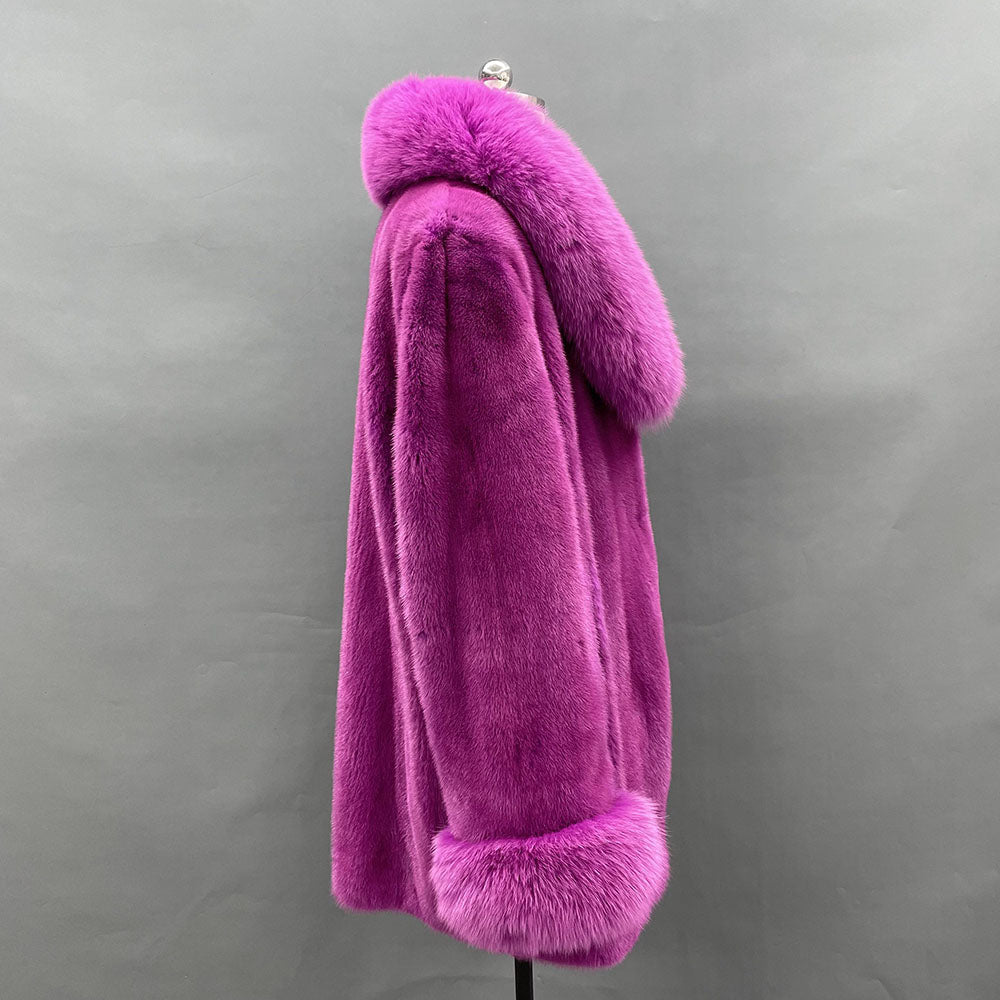 Women's Real Mink Fur Notch-Collar Hip-Length Coat with Fox Fur Trim & Belt