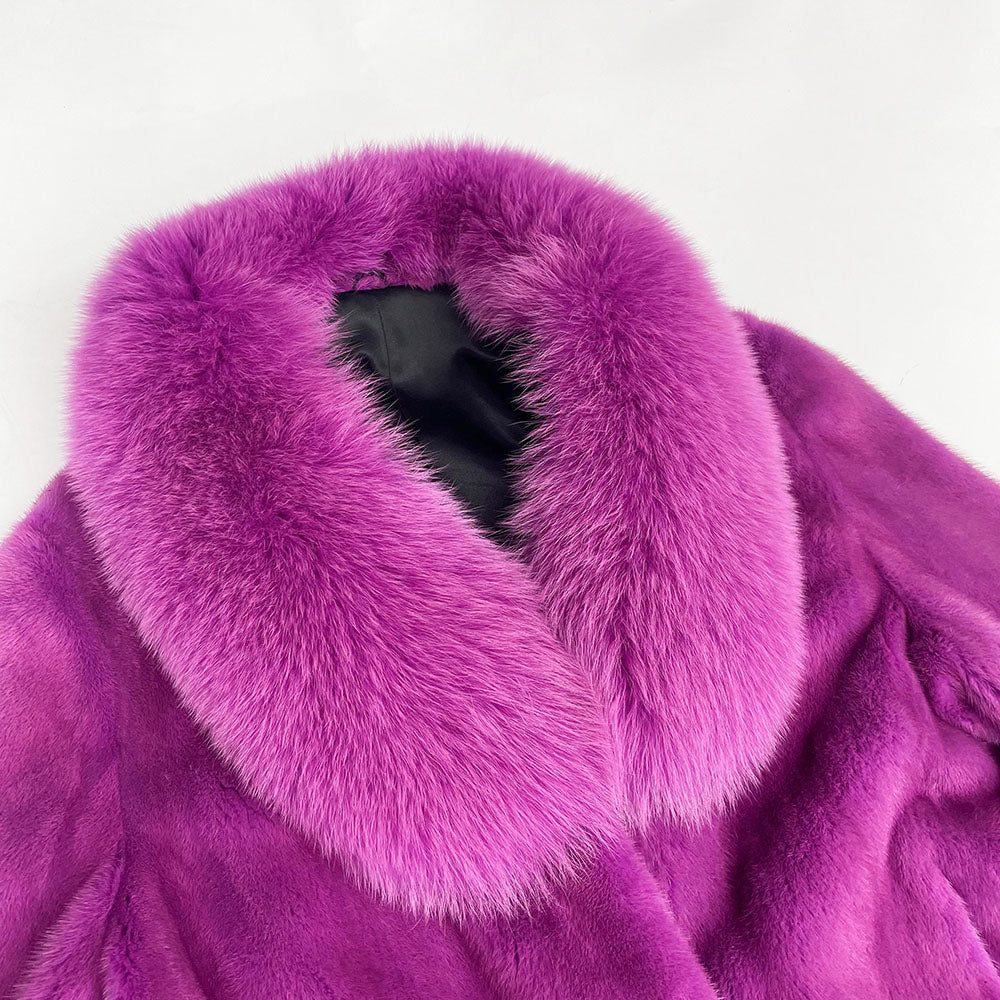 Women's Real Mink Fur Notch-Collar Hip-Length Coat with Fox Fur Trim & Belt