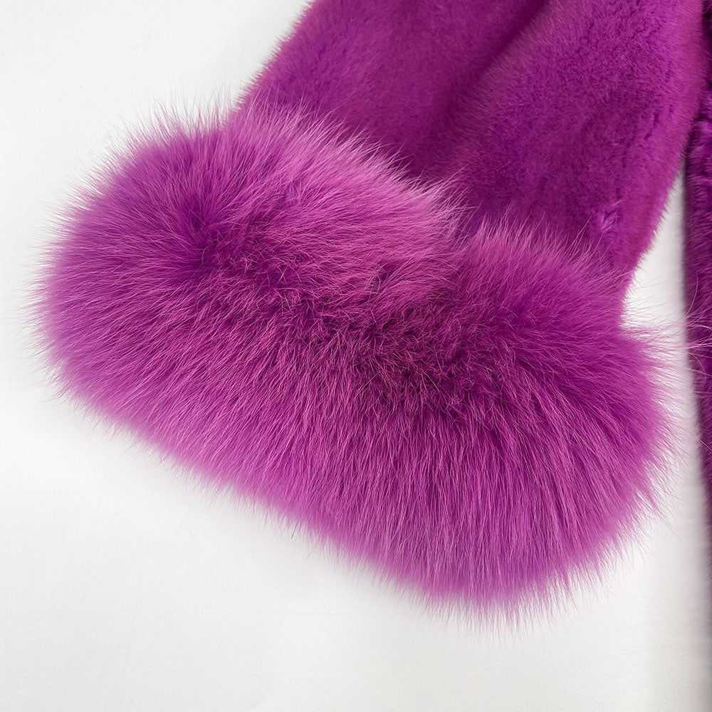 Women's Real Mink Fur Notch-Collar Hip-Length Coat with Fox Fur Trim & Belt