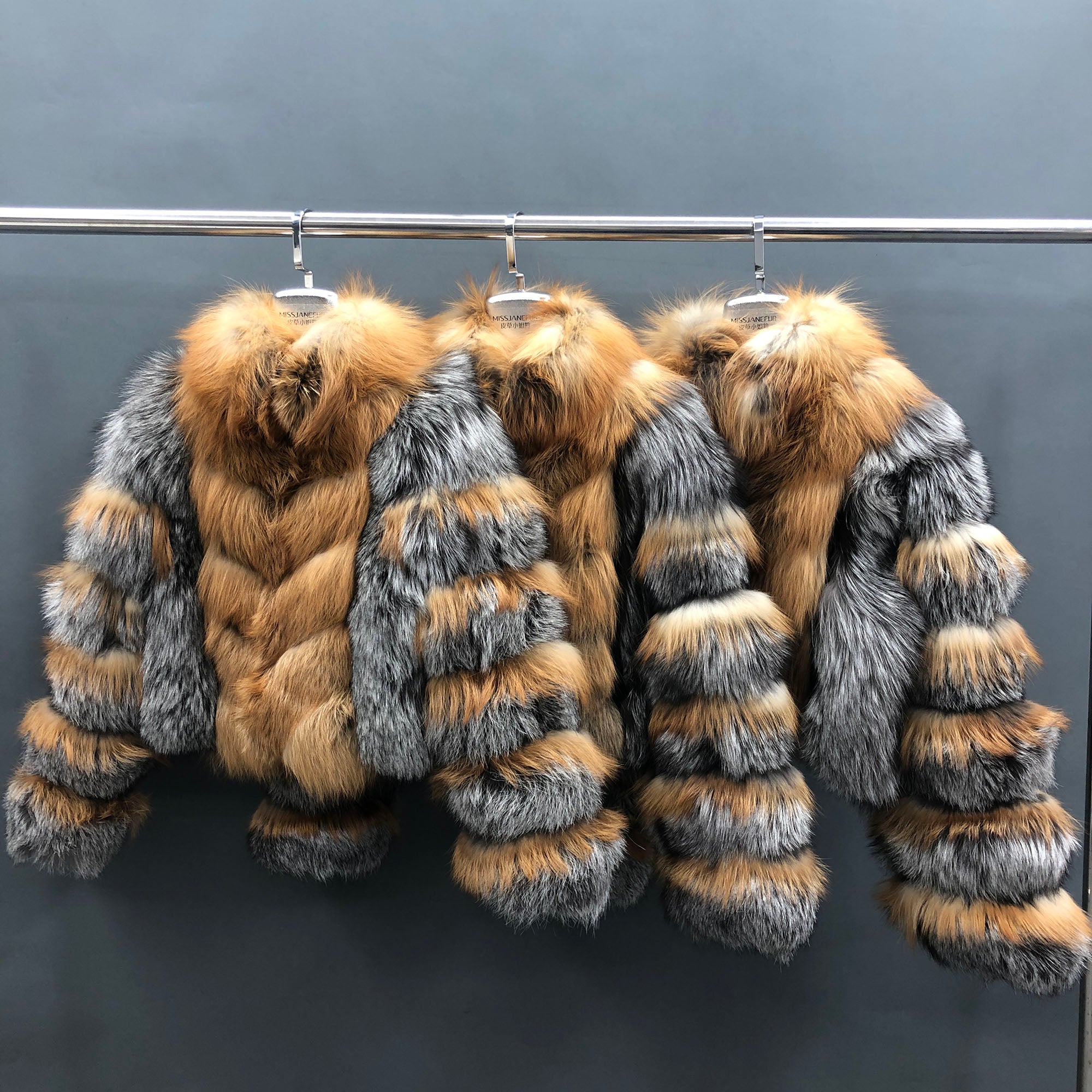 Women's Real Red Fox & Silver Fox Fur Stand Collar Cropped Jacket - Collection Rack