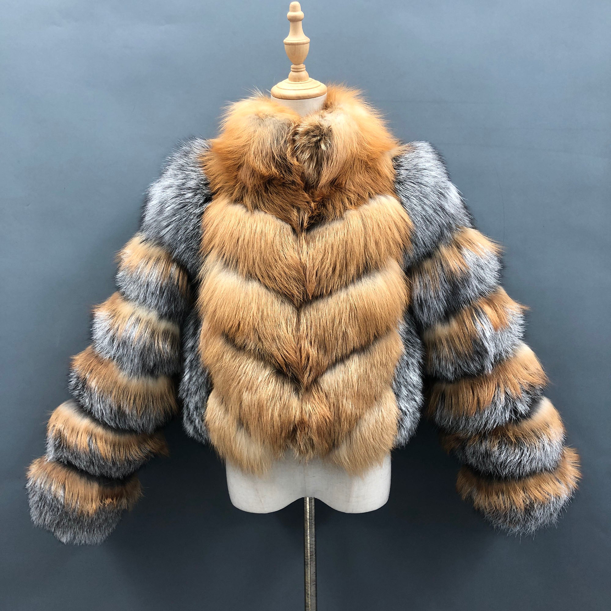 Women's Real Red Fox & Silver Fox Fur Stand Collar Cropped Jacket - Front View