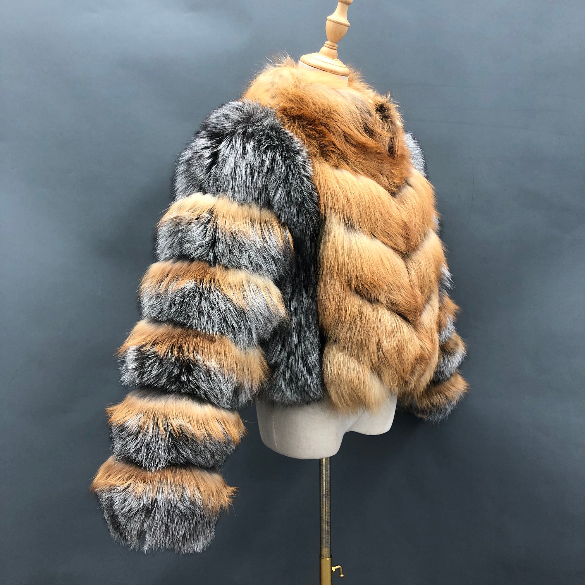 Women's Real Red Fox & Silver Fox Fur Stand Collar Cropped Jacket - Side View