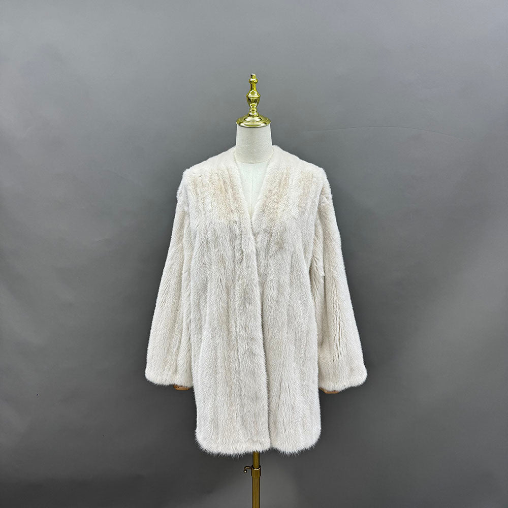 Women's Real Mink Fur V-Neck Coat - Natural White - Front Full View on Mannequin
