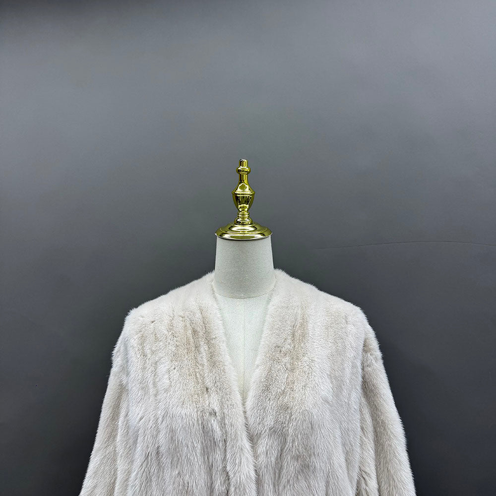 Women's Real Mink Fur V-Neck Coat - Natural White - Front Neckline Detail